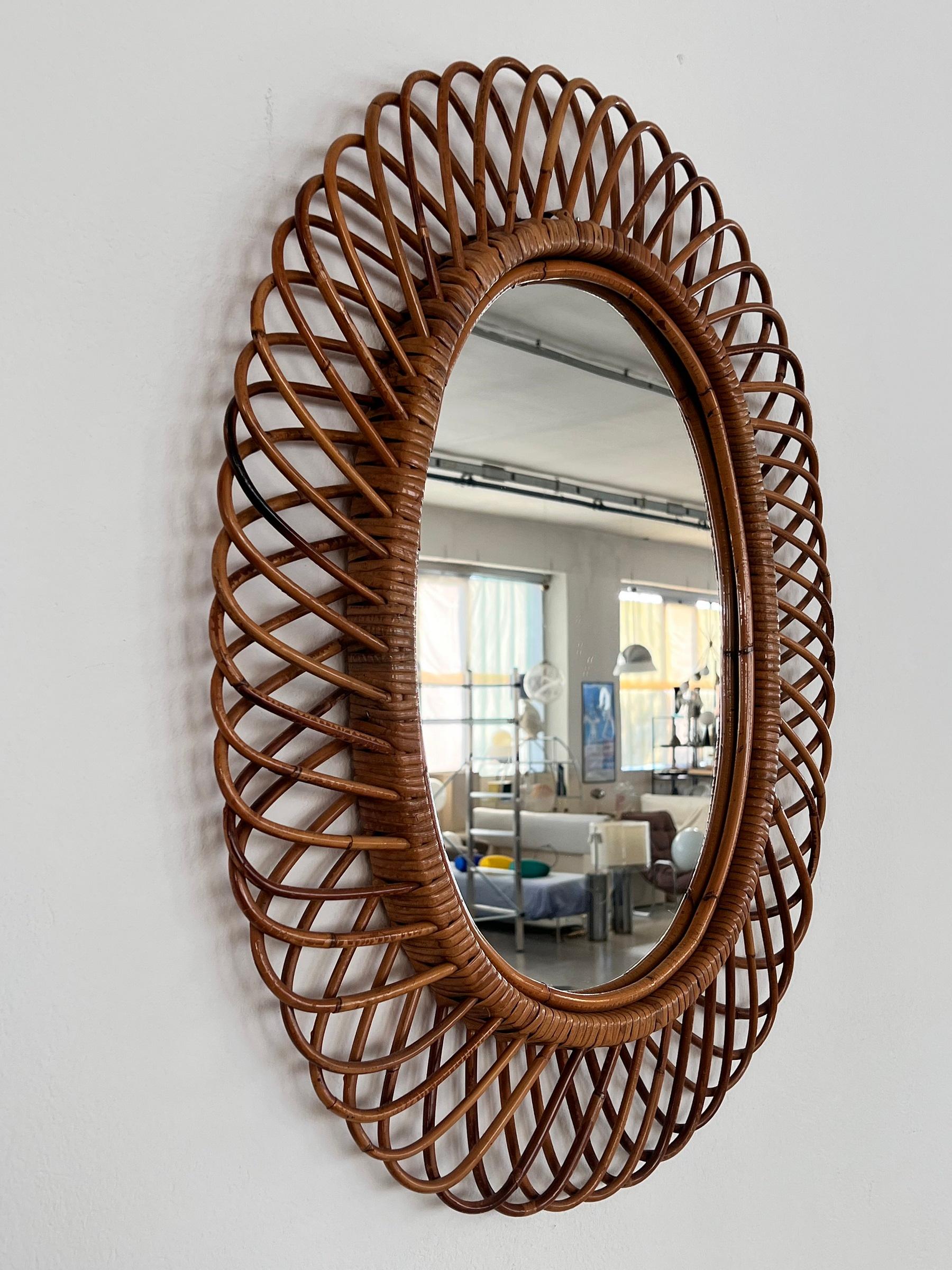 Italian Midcentury Oval Wall Mirror With Bamboo Frame Franco Albini Style, 1960s For Sale 3