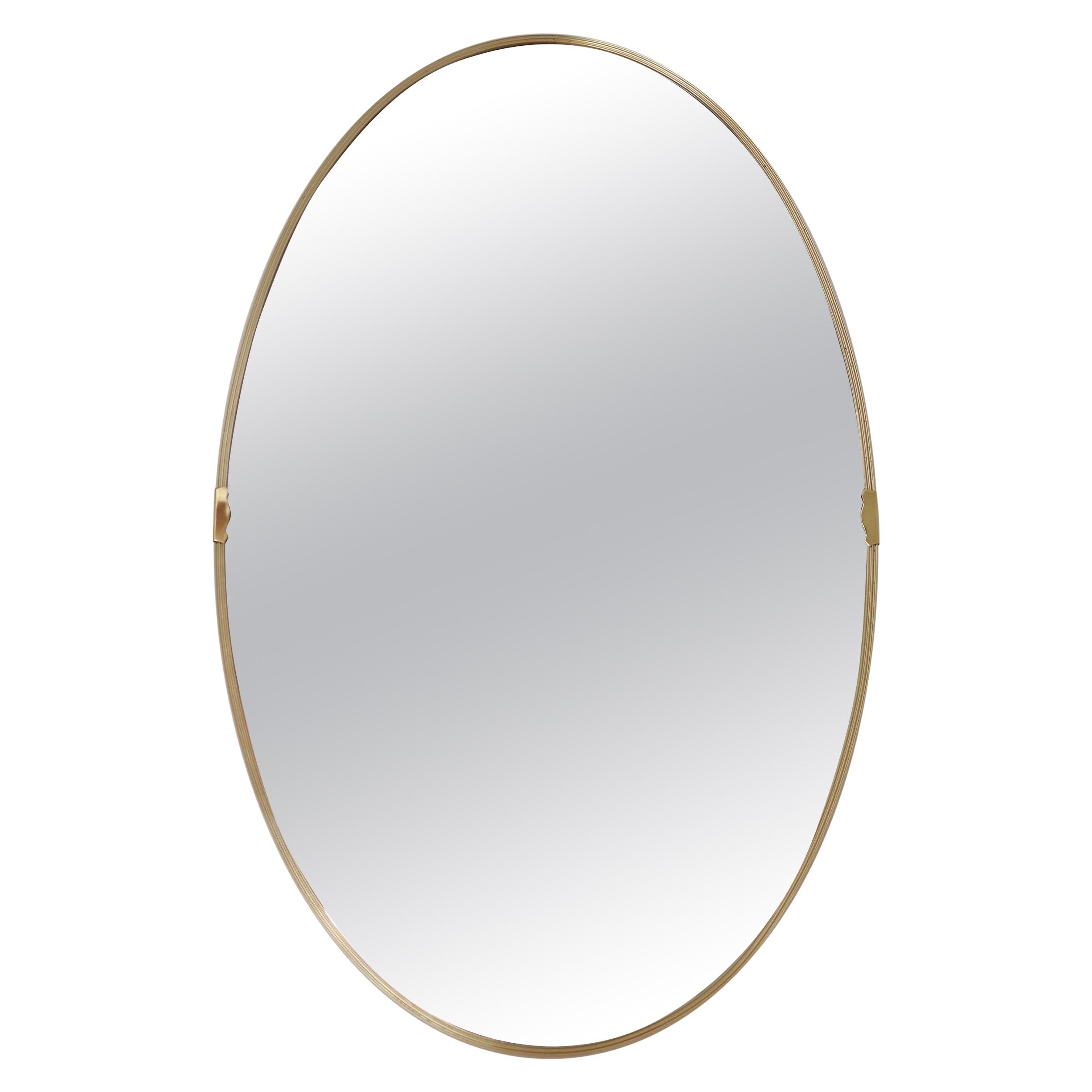 Italian Midcentury Oval Wall Mirror with Golden Frame and Brass Details, 1960