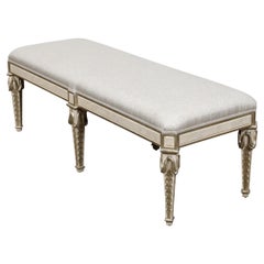 Retro Italian Midcentury Painted Bench with Silver Foliage Carved Legs and Upholstery