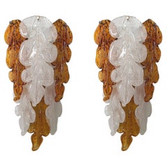 Italian Mid-Century Pair of Amber Clear Murano Leaf Glass Wall Sconces, 1970s