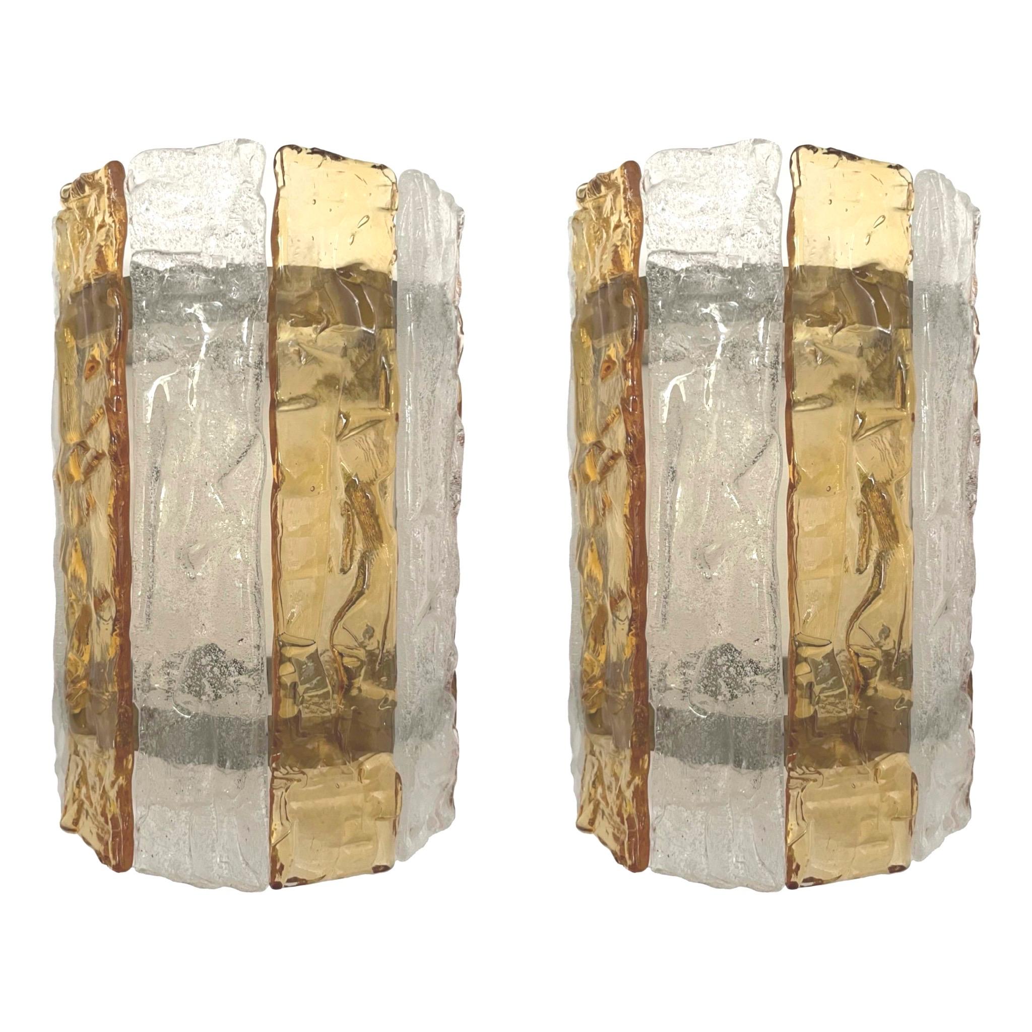 Italian MidCentury Pair of Amber Clear Murano Wall Sconces by Mazzega, 1970s