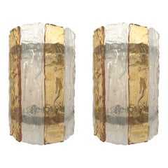 Italian MidCentury Pair of Amber Clear Murano Wall Sconces by Mazzega, 1970s