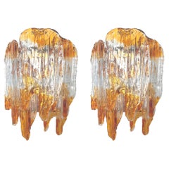 Italian Midcentury Pair of Amber Clear Murano Wall Sconces by Mazzega, 1970s
