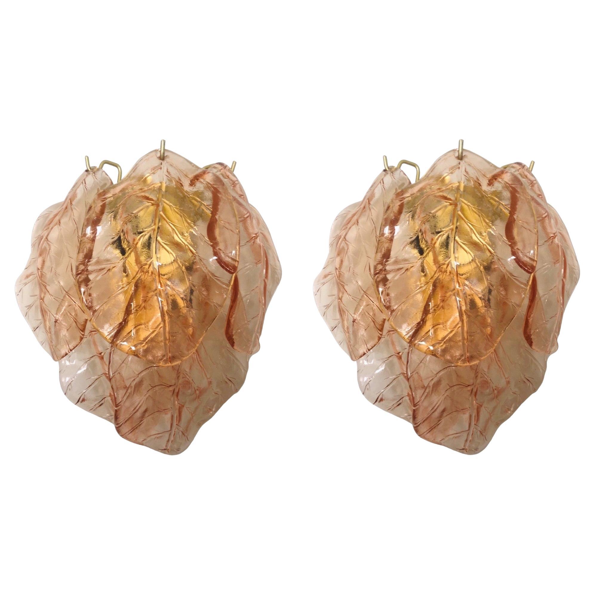 Italian Midcentury Pair of Amber Murano Glass Leaf Wall Sconces, 1970s For Sale