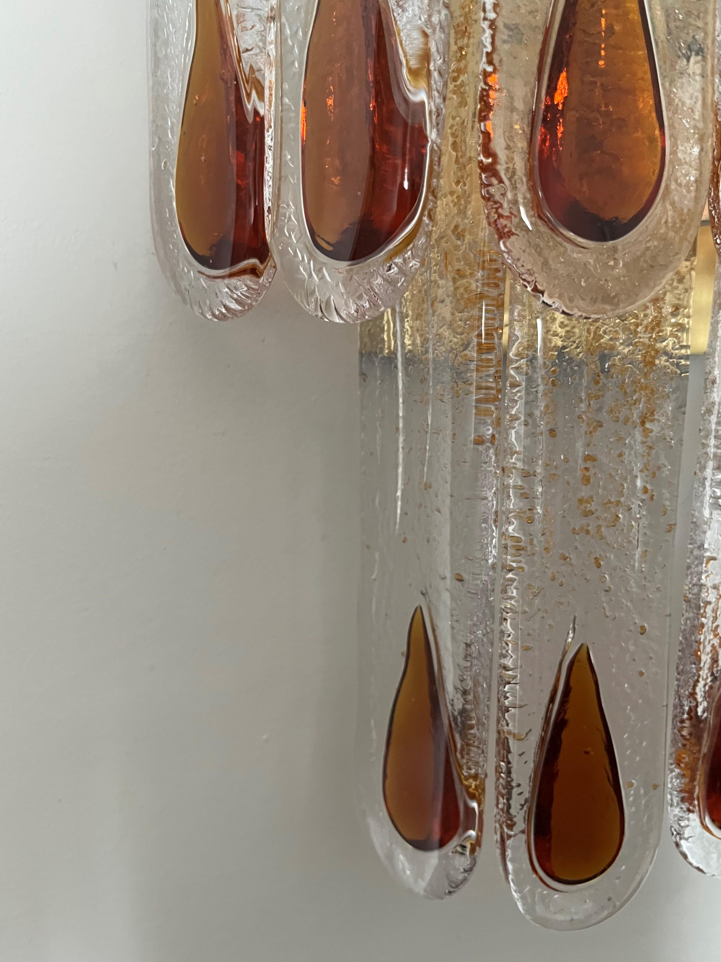 Italian Midcentury Pair of Amber Murano Glass Wall Sconces by Mazzega, 1970s 8