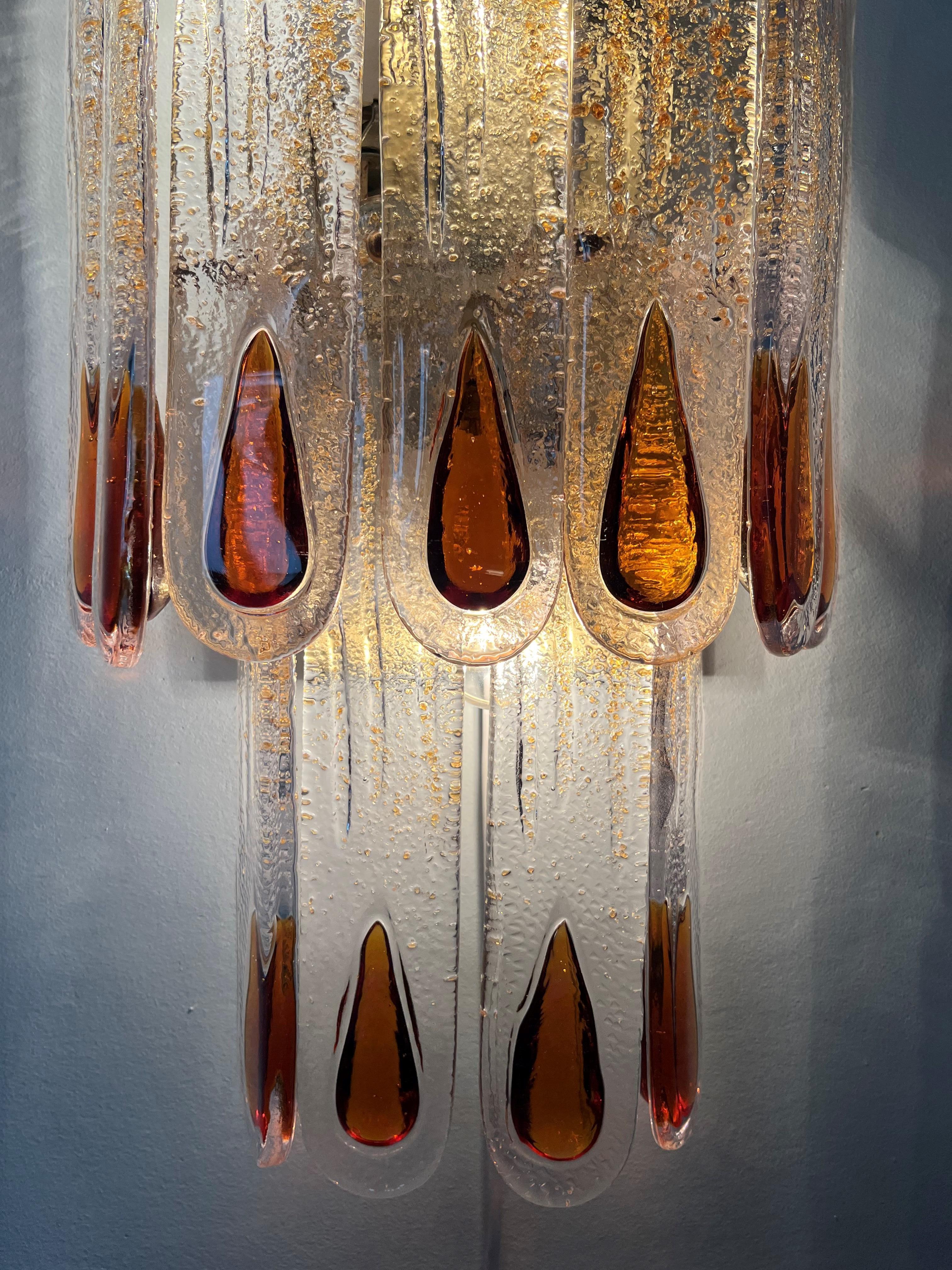 Italian Midcentury Pair of Amber Murano Glass Wall Sconces by Mazzega, 1970s 3