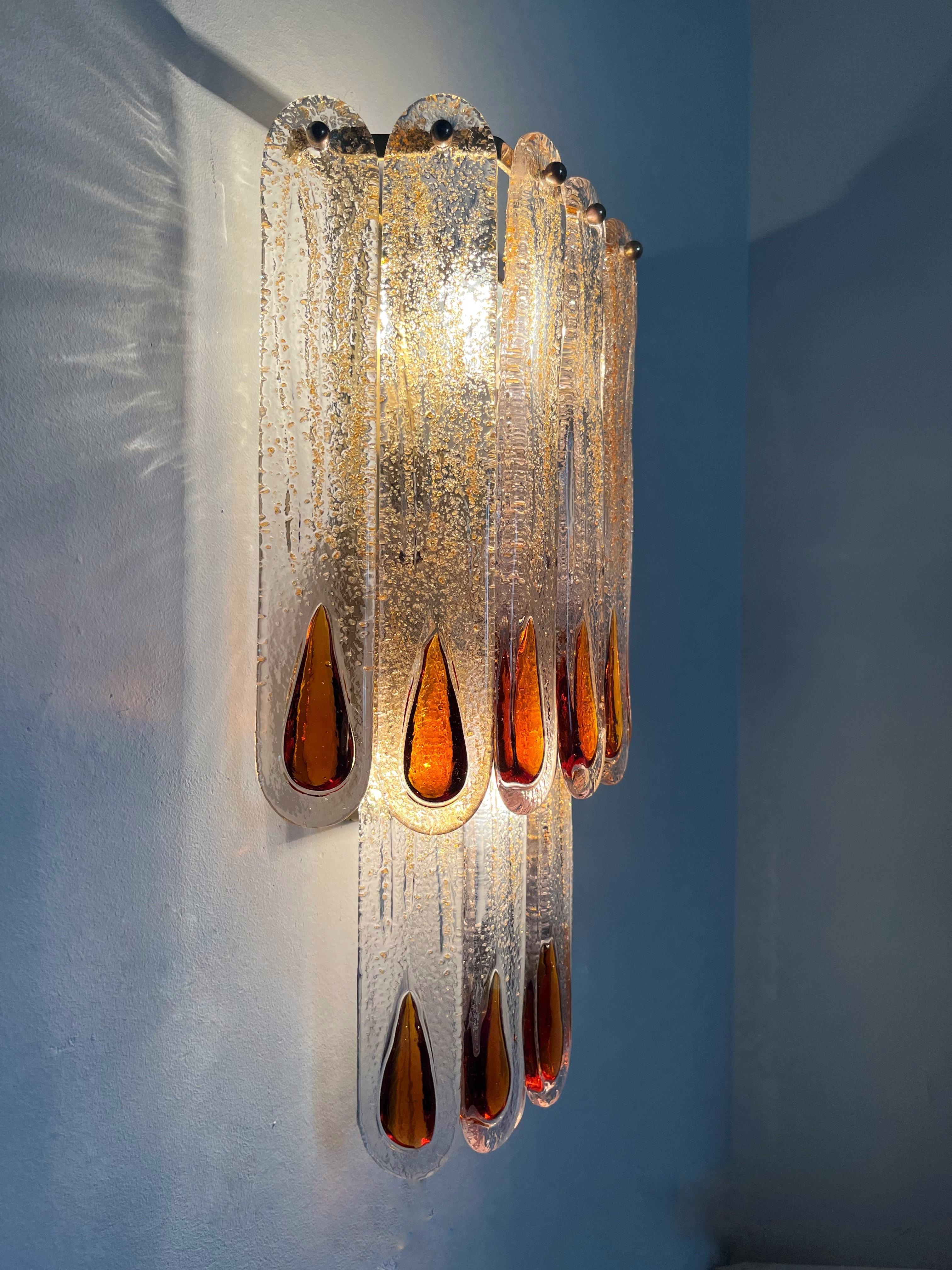 Italian Midcentury Pair of Amber Murano Glass Wall Sconces by Mazzega, 1970s 9