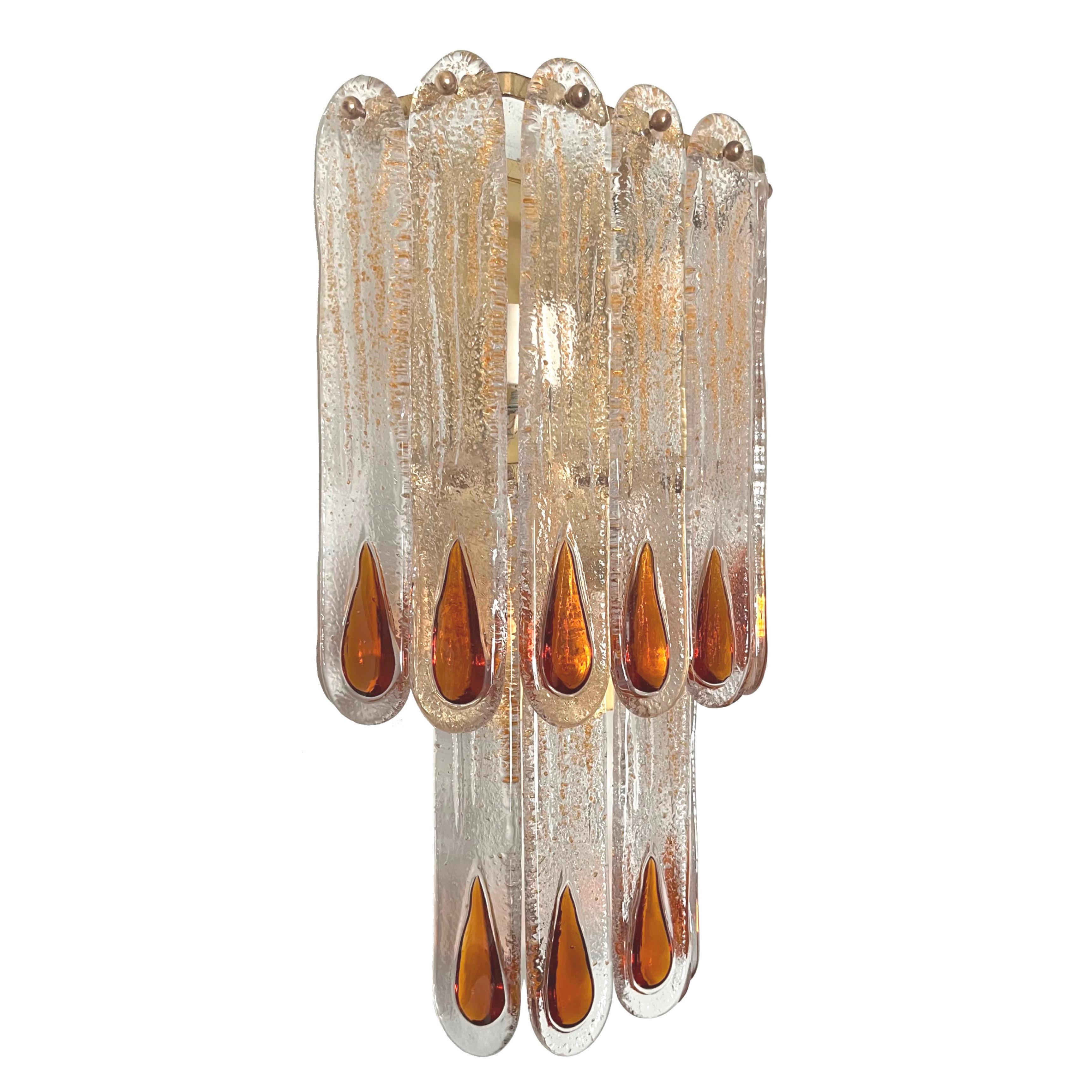 Italian Midcentury Pair of Amber Murano Glass Wall Sconces by Mazzega, 1970s 5