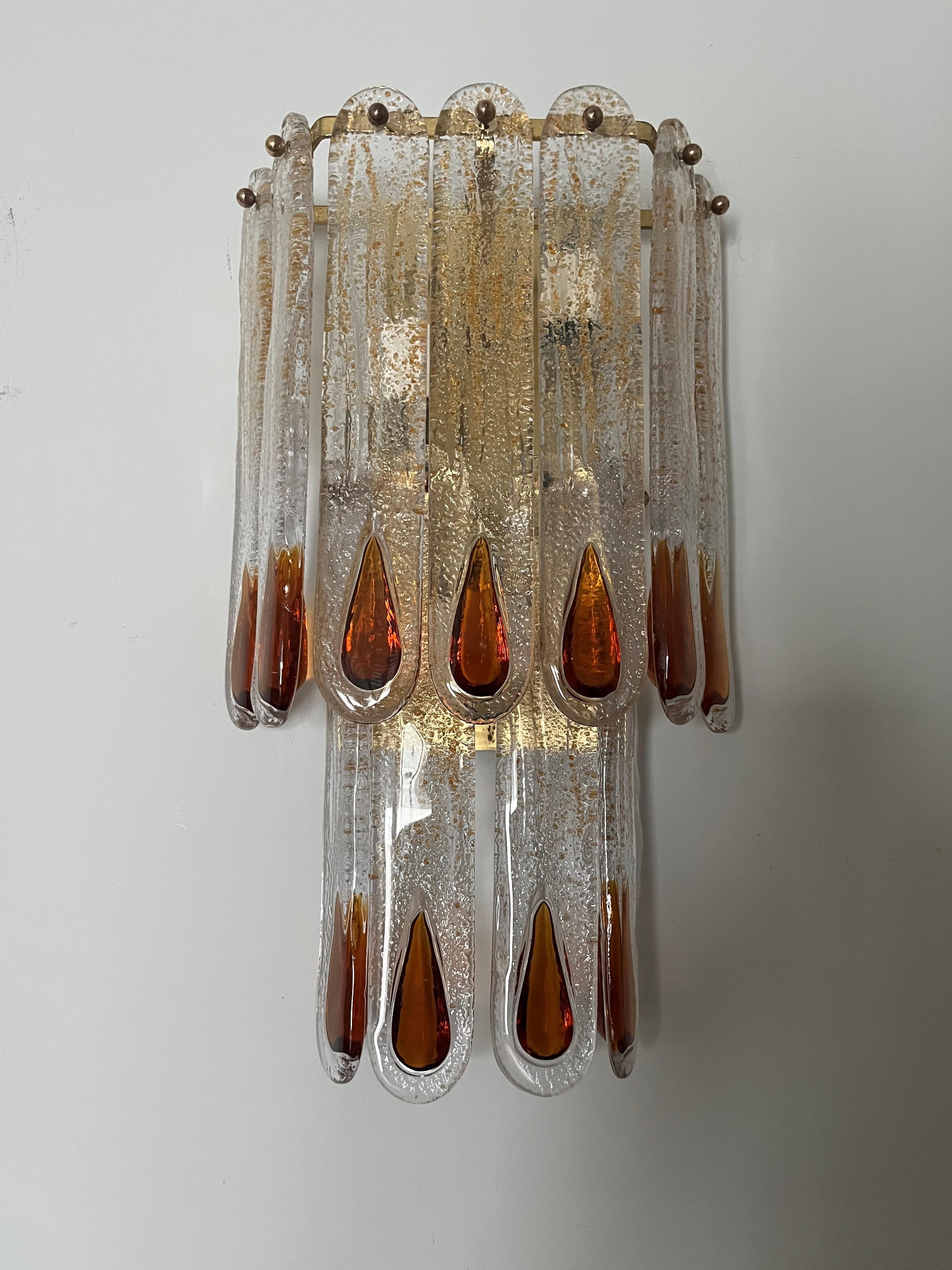 Brass Italian Midcentury Pair of Amber Murano Glass Wall Sconces by Mazzega, 1970s