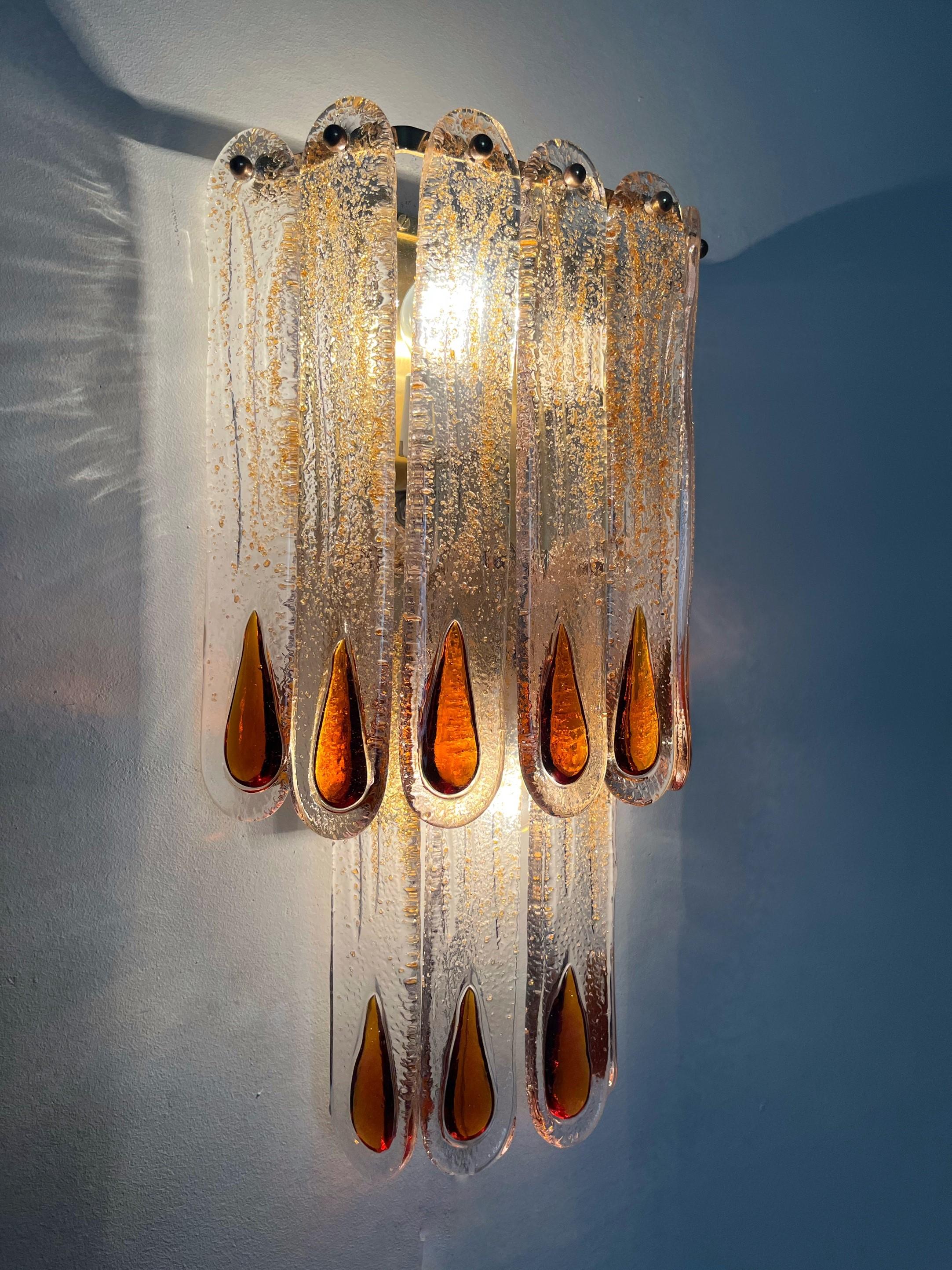 Mid-Century Modern Italian Midcentury Pair of Amber Murano Glass Wall Sconces by Mazzega, 1970s