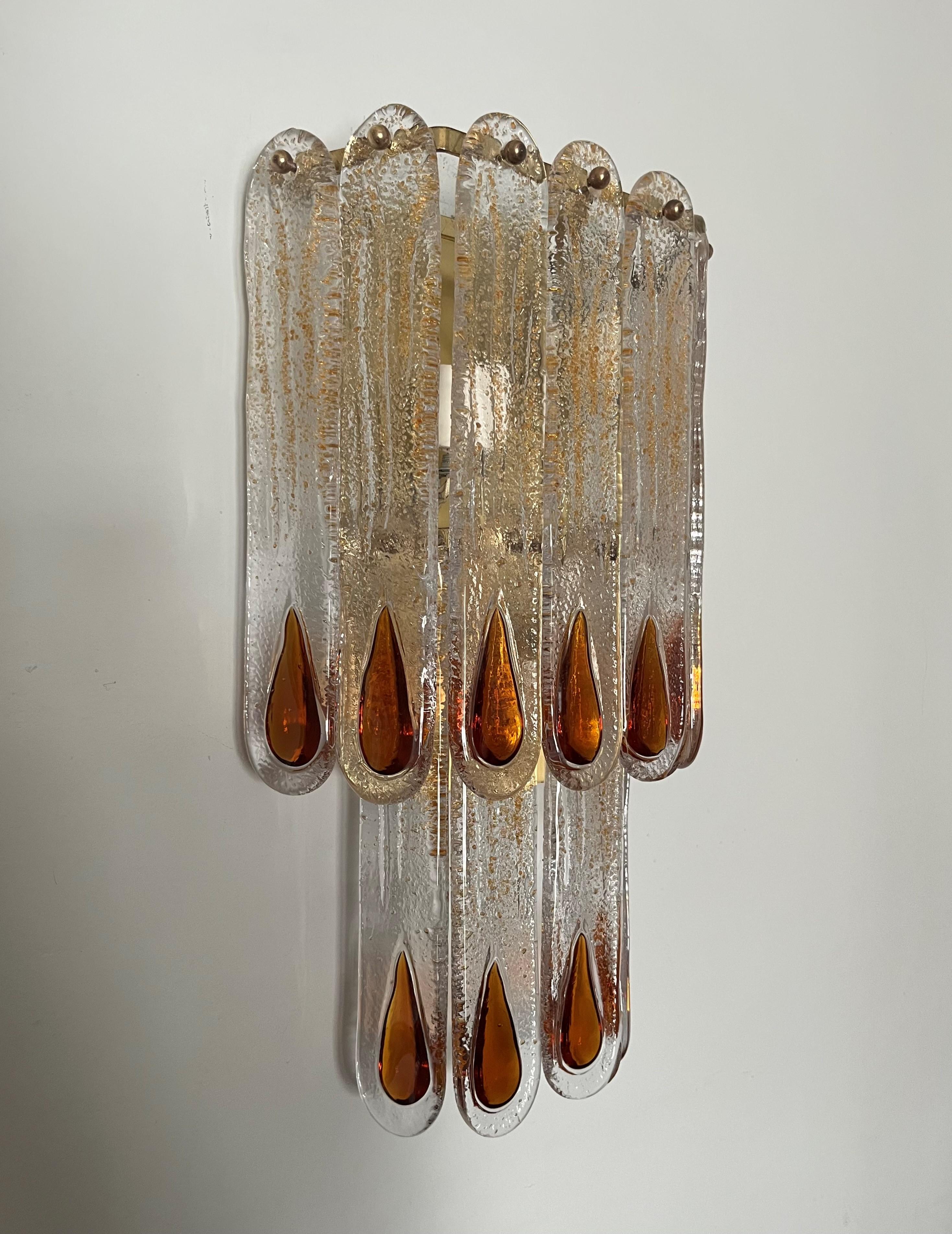 Italian Midcentury Pair of Amber Murano Glass Wall Sconces by Mazzega, 1970s 4