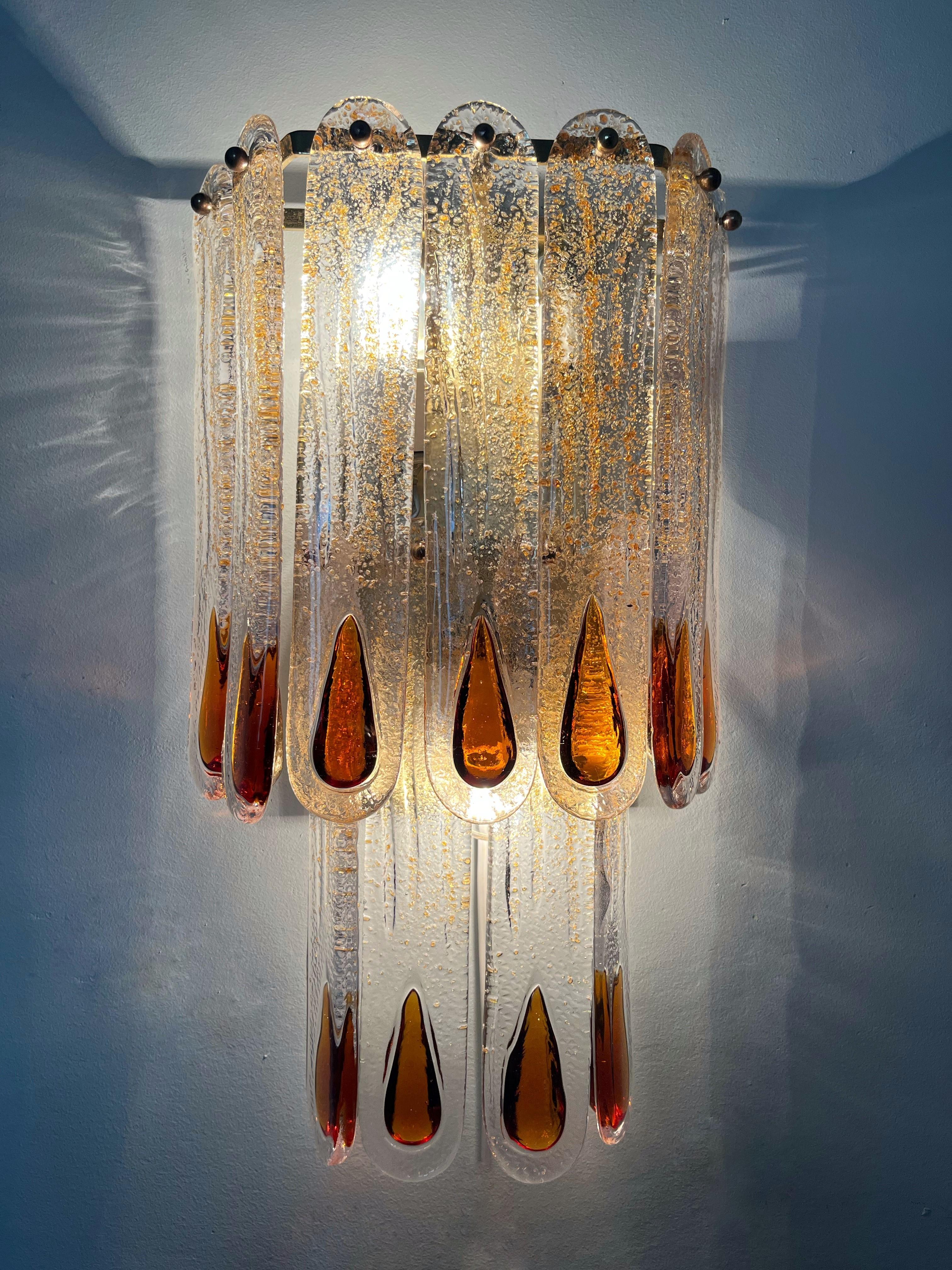 Late 20th Century Italian Midcentury Pair of Amber Murano Glass Wall Sconces by Mazzega, 1970s