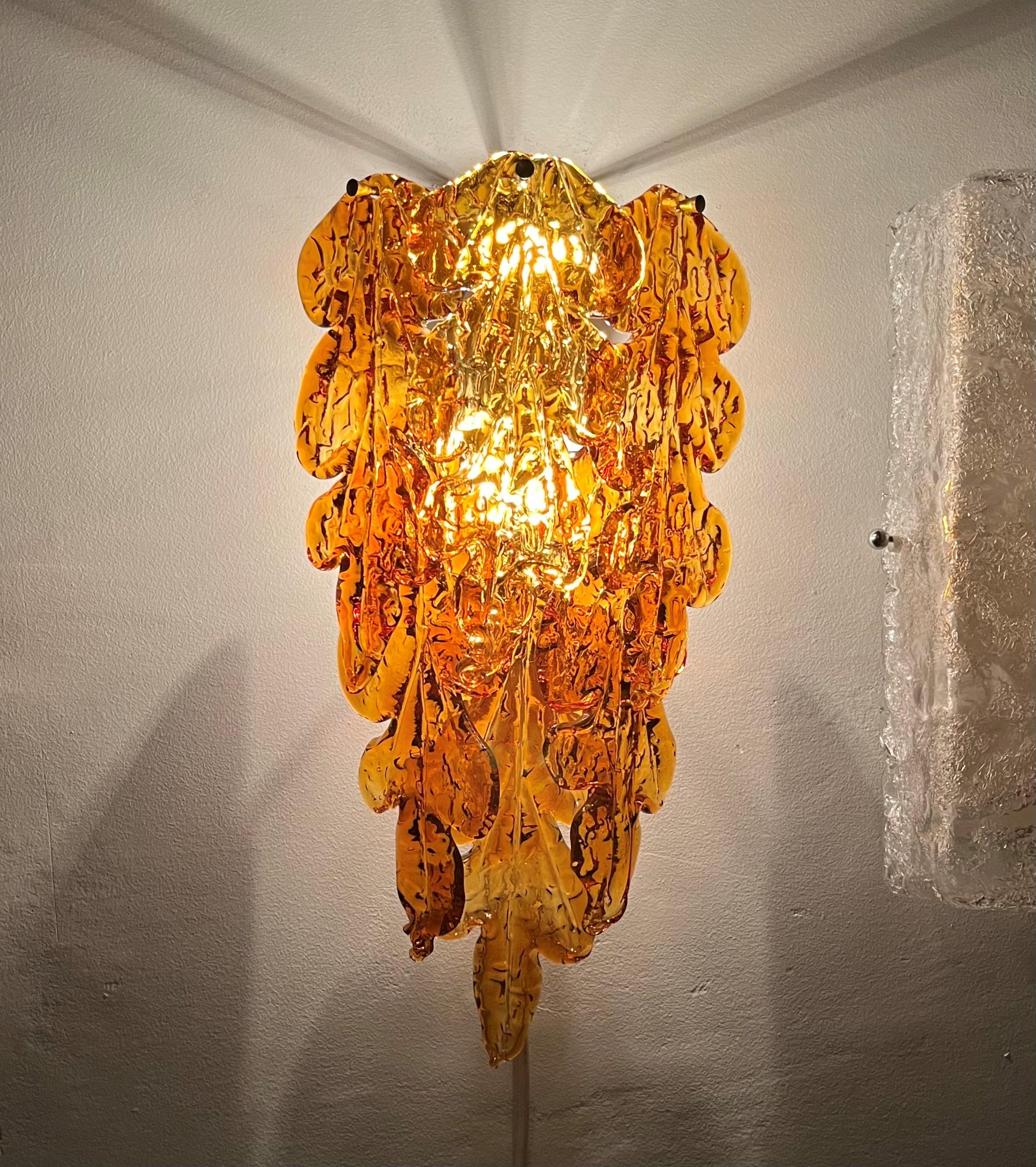 Mid-Century Modern Italian Midcentury Pair of Amber Murano Leaf Wall Sconces by Mazzega, 1970s