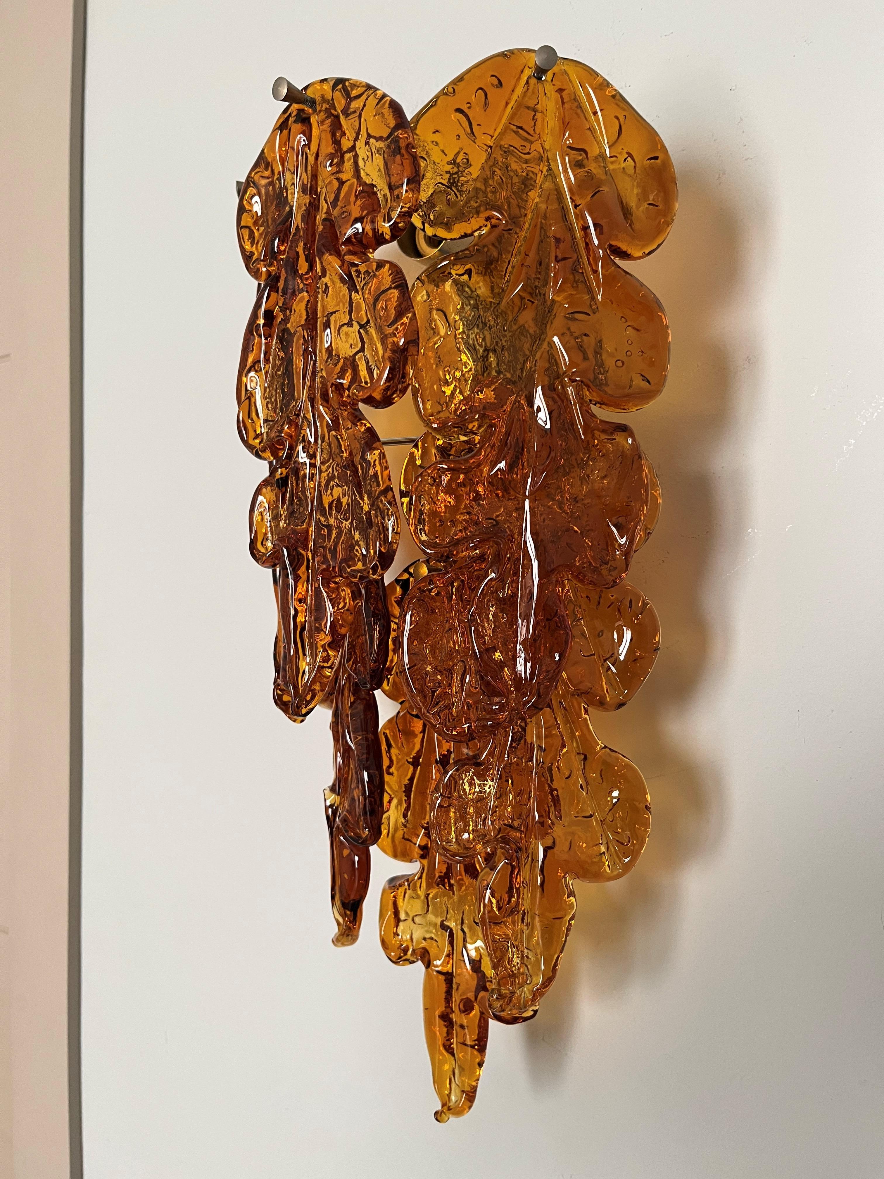 Late 20th Century Italian Midcentury Pair of Amber Murano Leaf Wall Sconces by Mazzega, 1970s