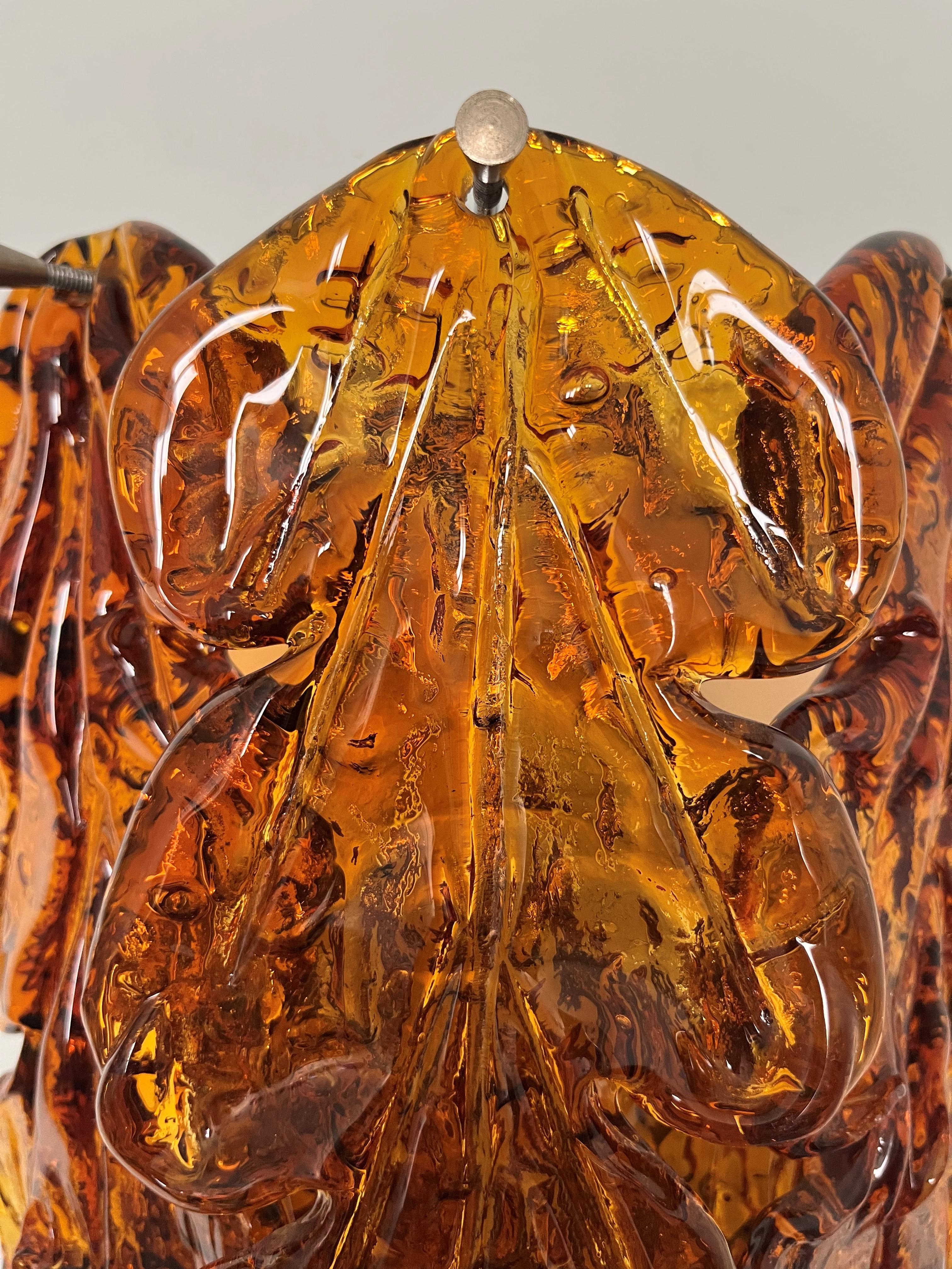 Metal Italian Midcentury Pair of Amber Murano Leaf Wall Sconces by Mazzega, 1970s