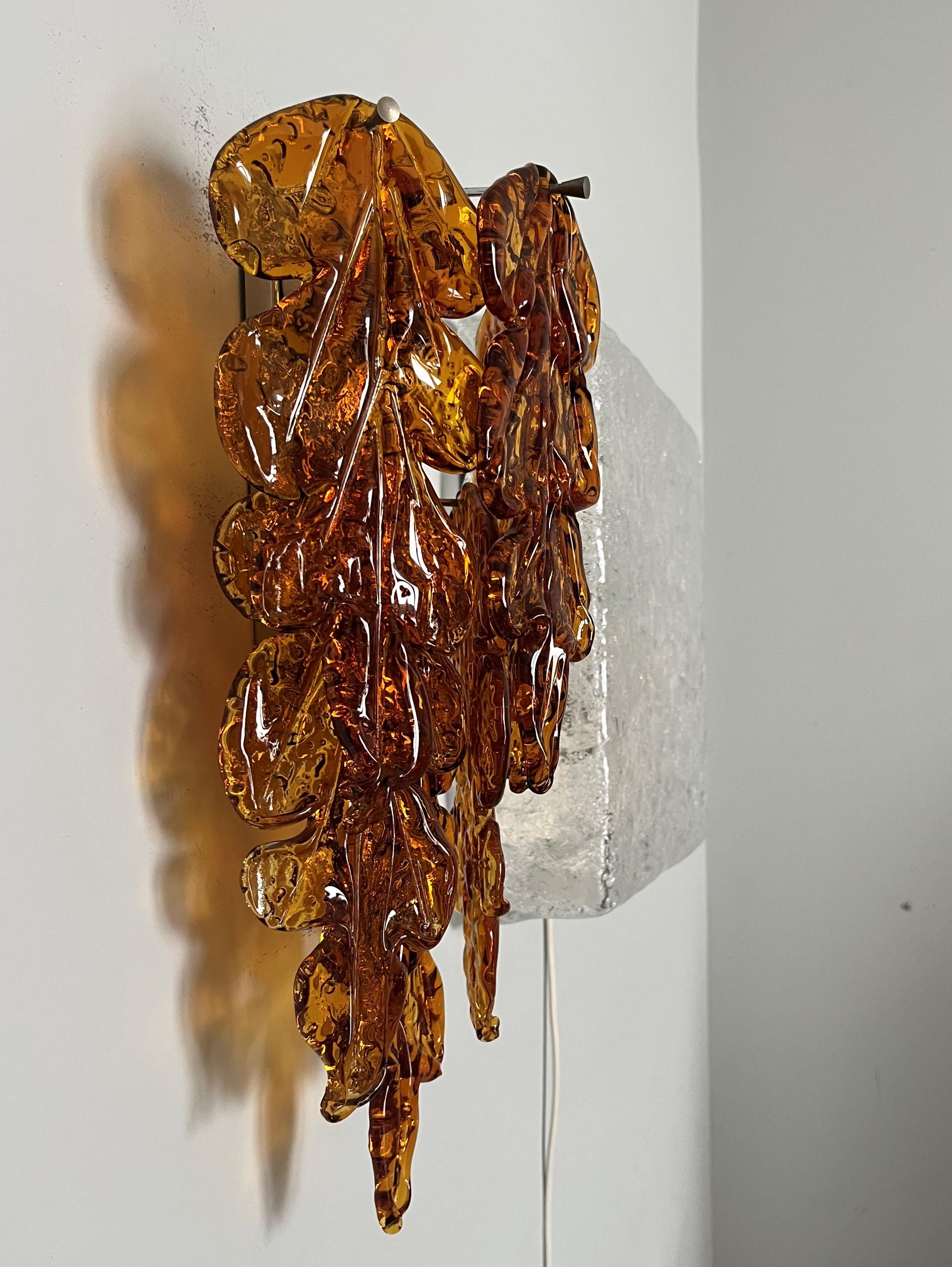 Italian Midcentury Pair of Amber Murano Leaf Wall Sconces by Mazzega, 1970s 1