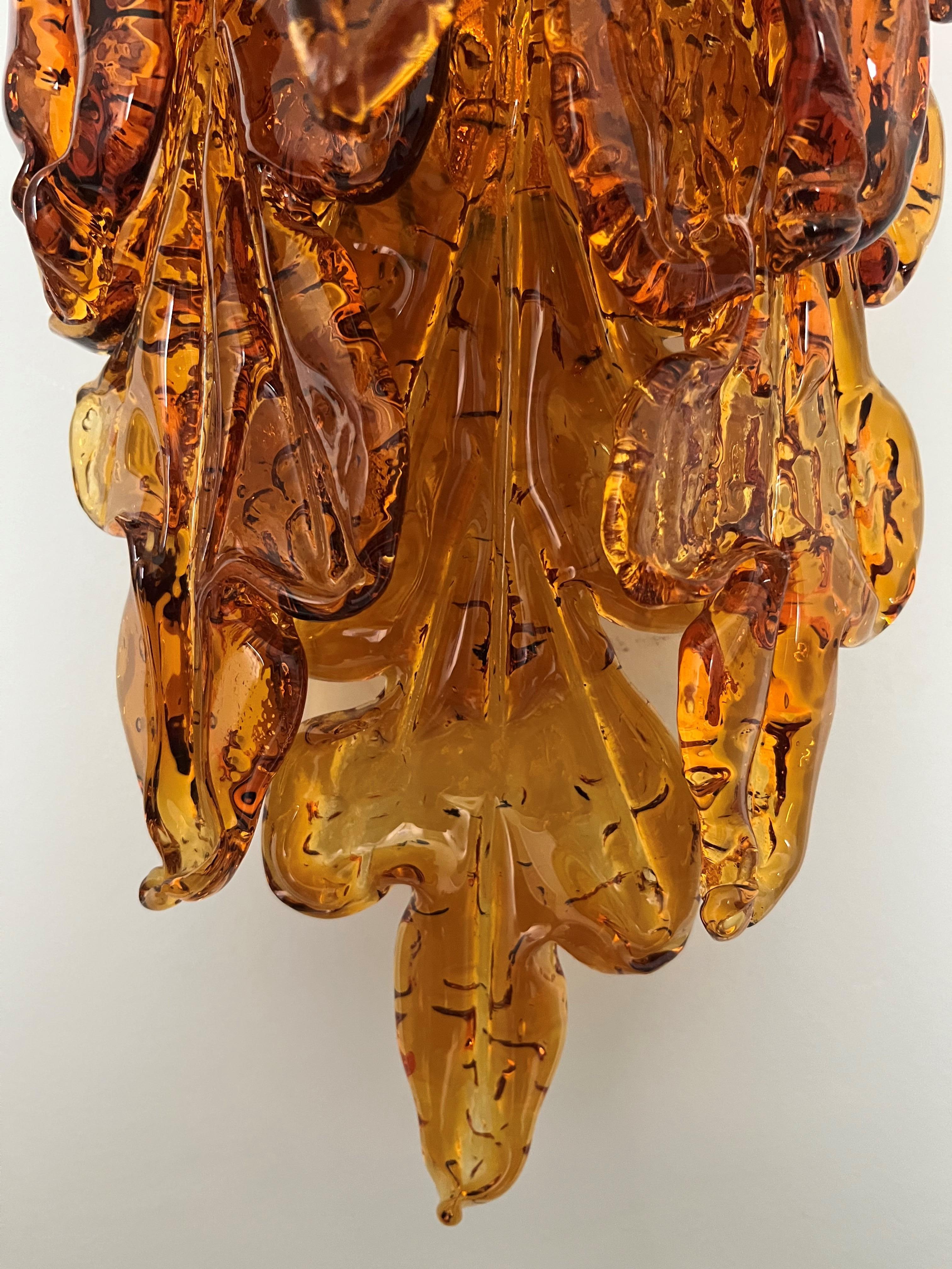 Italian Midcentury Pair of Amber Murano Leaf Wall Sconces by Mazzega, 1970s 3