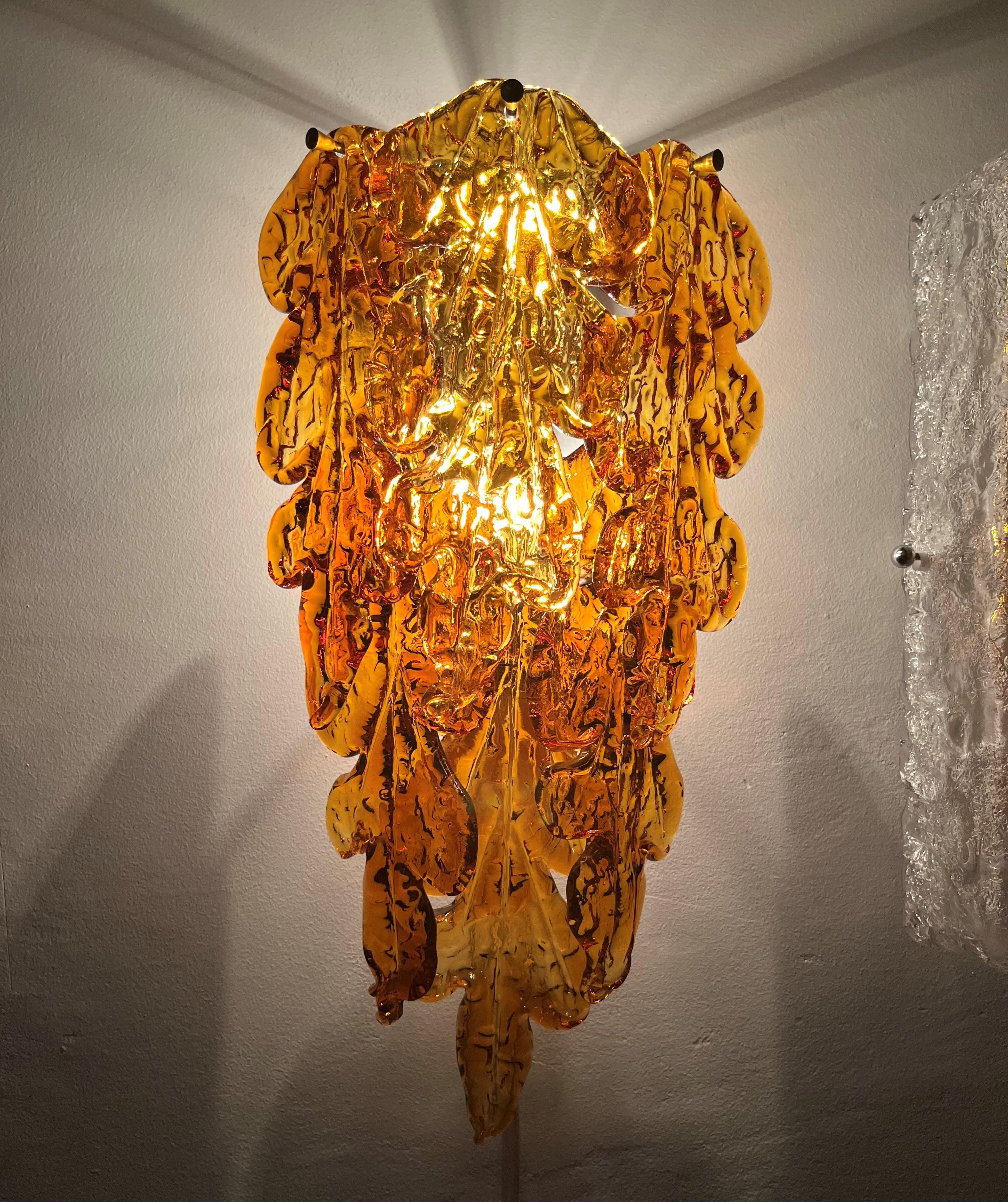 Italian Midcentury Pair of Amber Murano Leaf Wall Sconces by Mazzega, 1970s 2