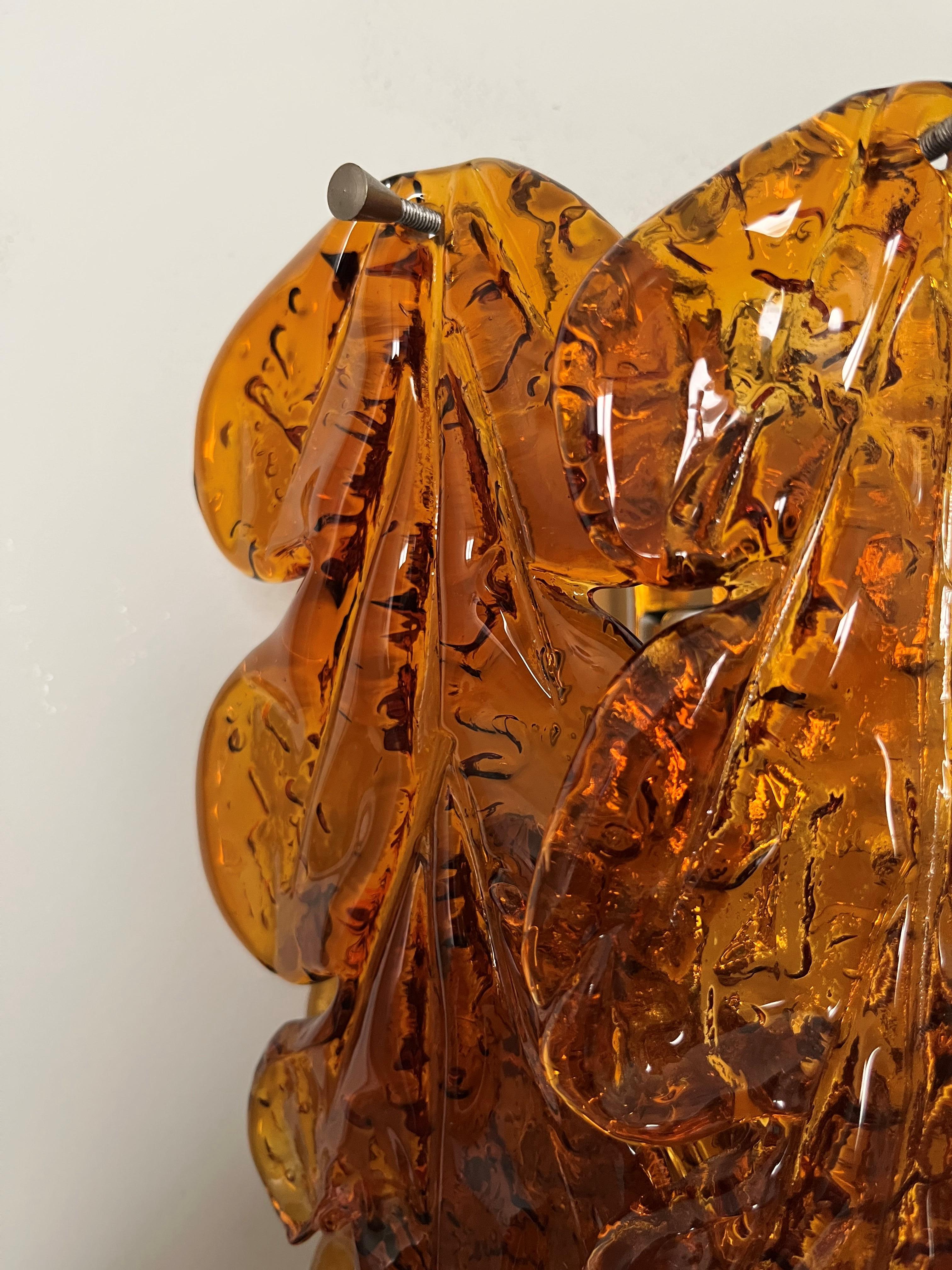 Italian Midcentury Pair of Amber Murano Leaf Wall Sconces by Mazzega, 1970s 6
