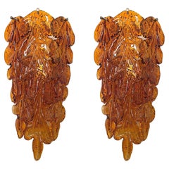 Italian Midcentury Pair of Amber Murano Leaf Wall Sconces by Mazzega, 1970s