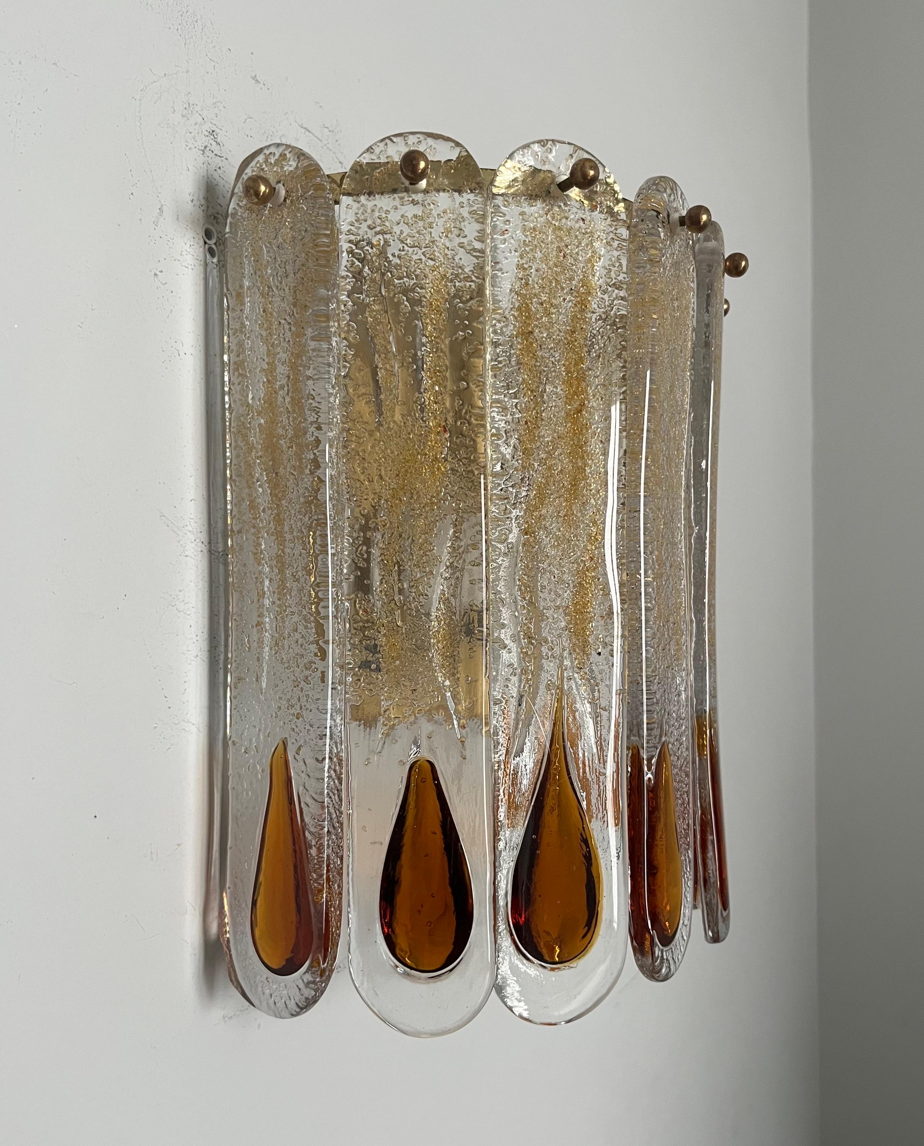 Italian Midcentury Pair of Amber Murano Wall Sconces by Mazzega, 1970s 3