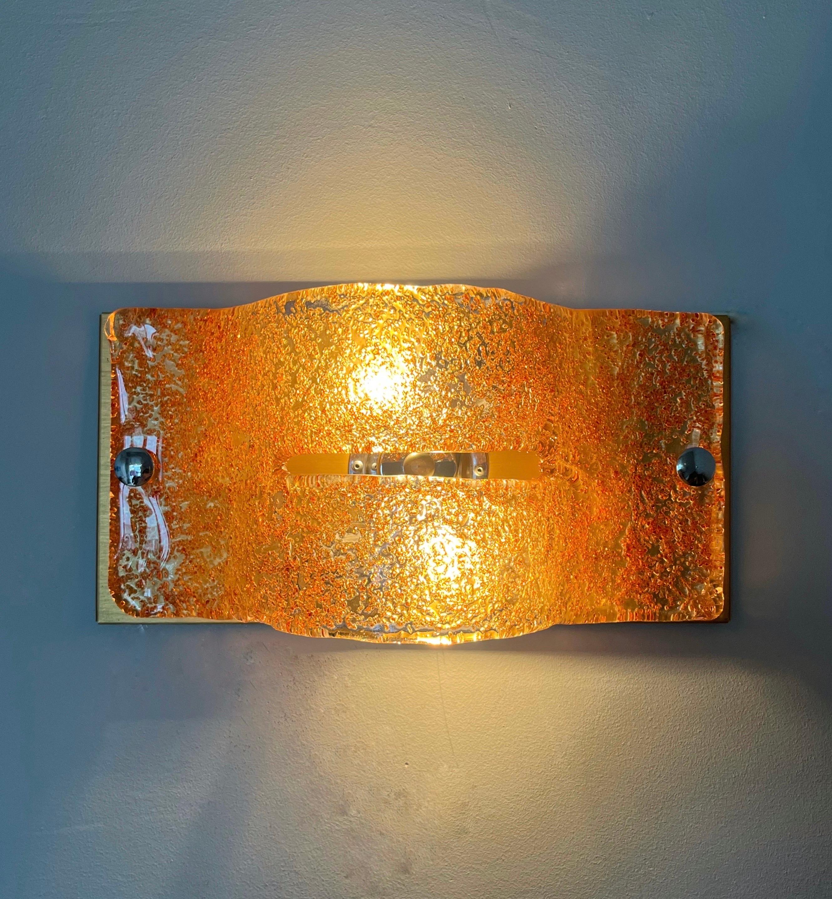 Brass Italian Midcentury Pair of Caramel Murano Glass Wall Sconces by Mazzega, 1970s For Sale