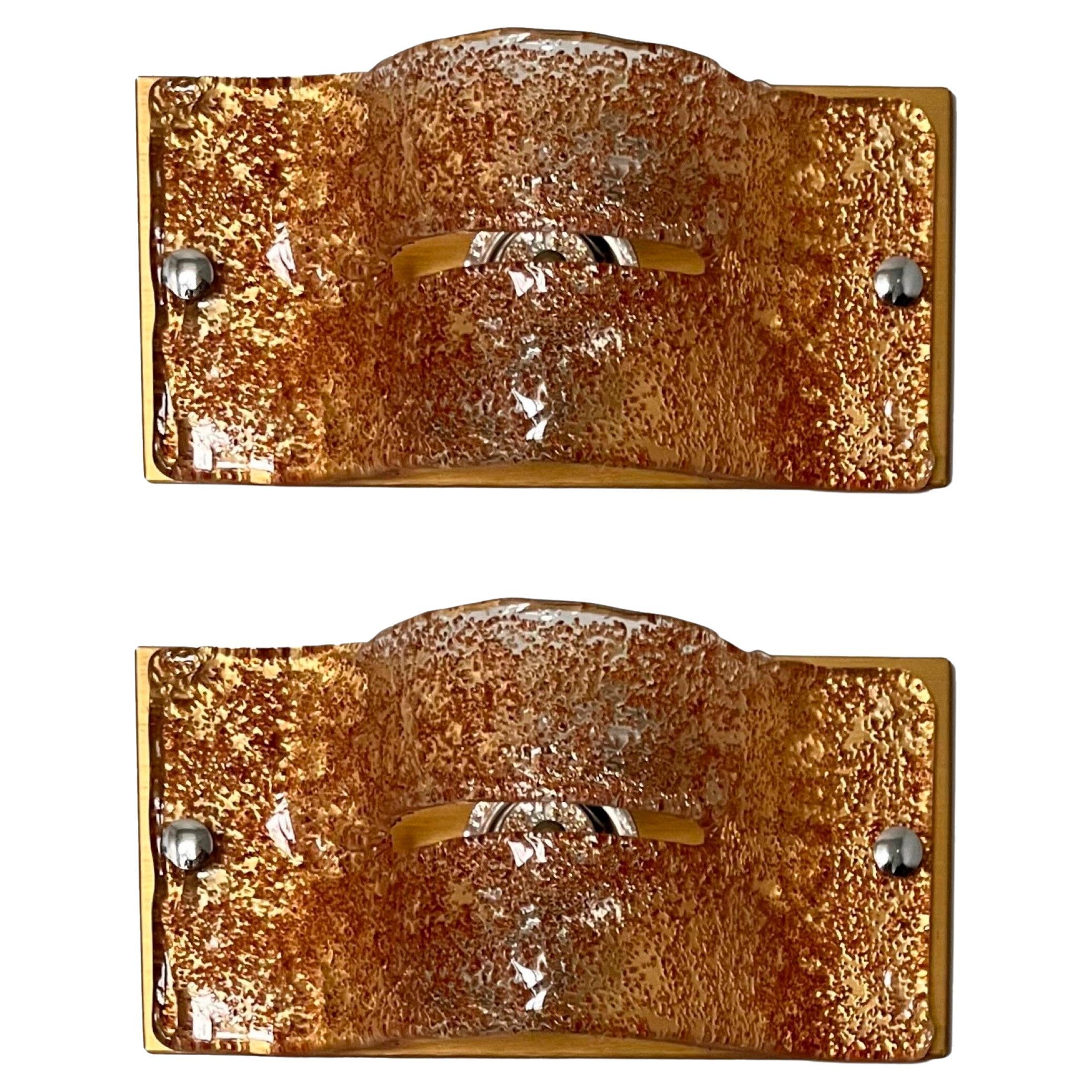 Italian Midcentury Pair of Caramel Murano Glass Wall Sconces by Mazzega, 1970s For Sale