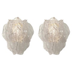 Italian Mid-Century Pair of Clear Murano Leaf Wall Sconces by Mazzega, 1970s