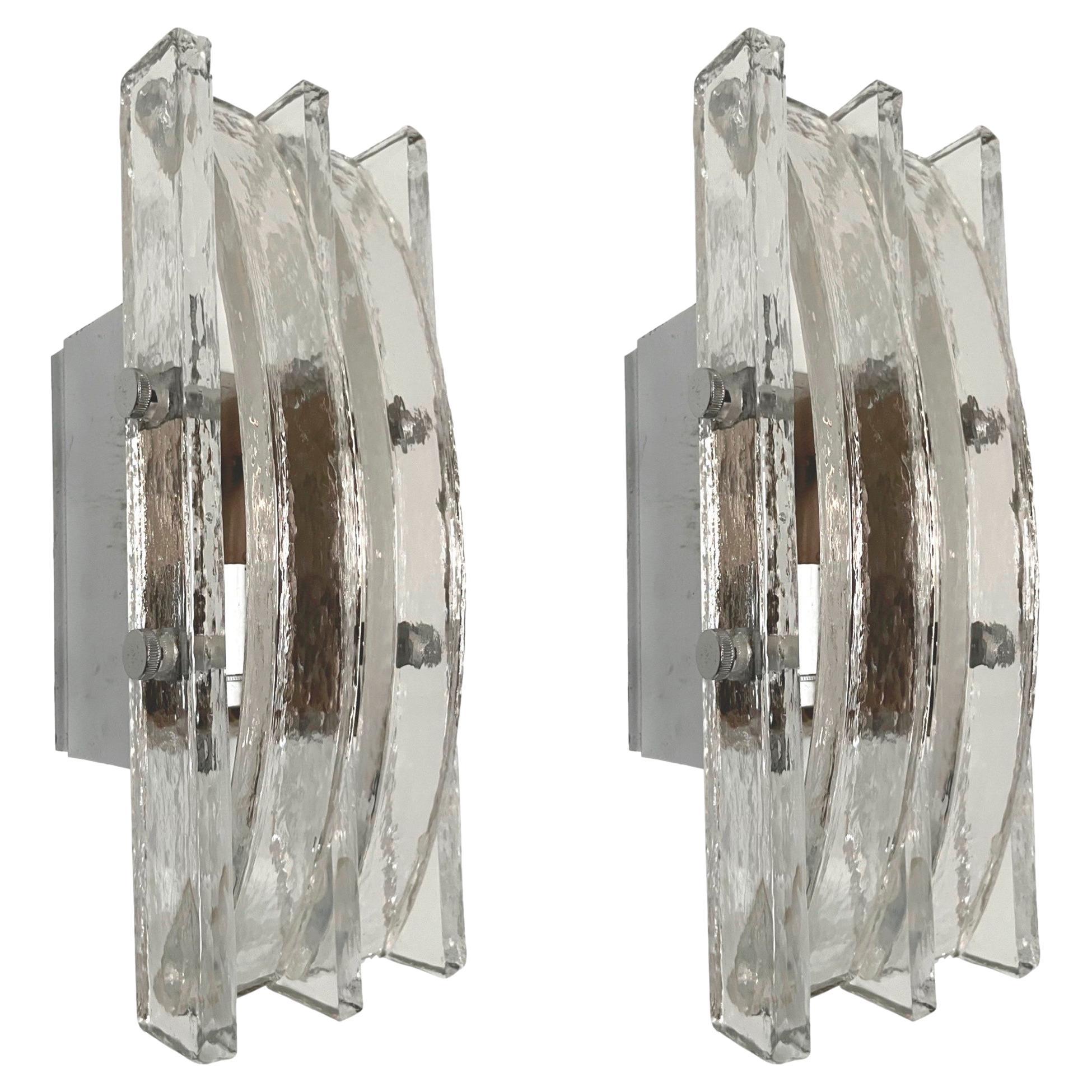 Italian Midcentury Pair of Clear Murano Wall Sconces by Poliarte, 1970s