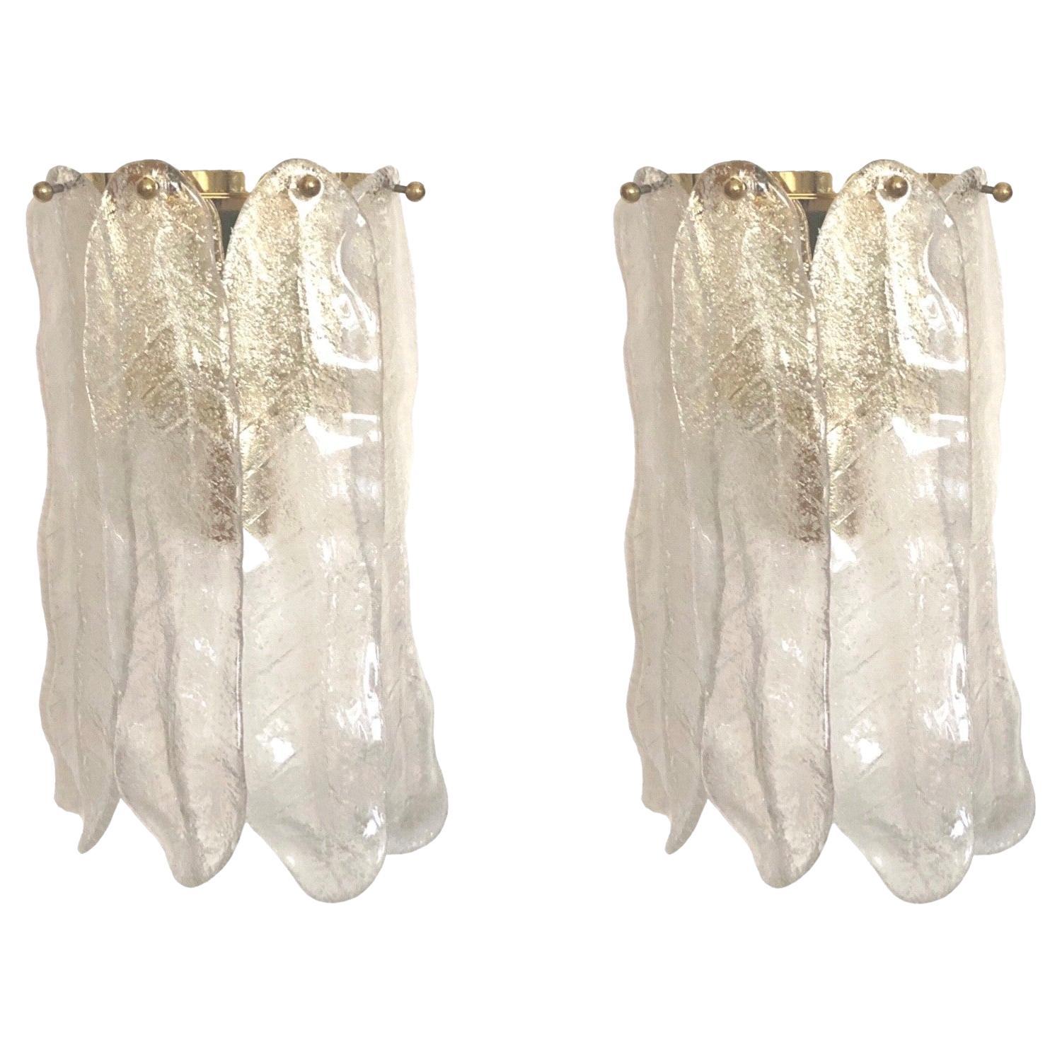 Italian Mid-Century Pair of Leaf Clear Murano Glass Wall Sconces, 1970s