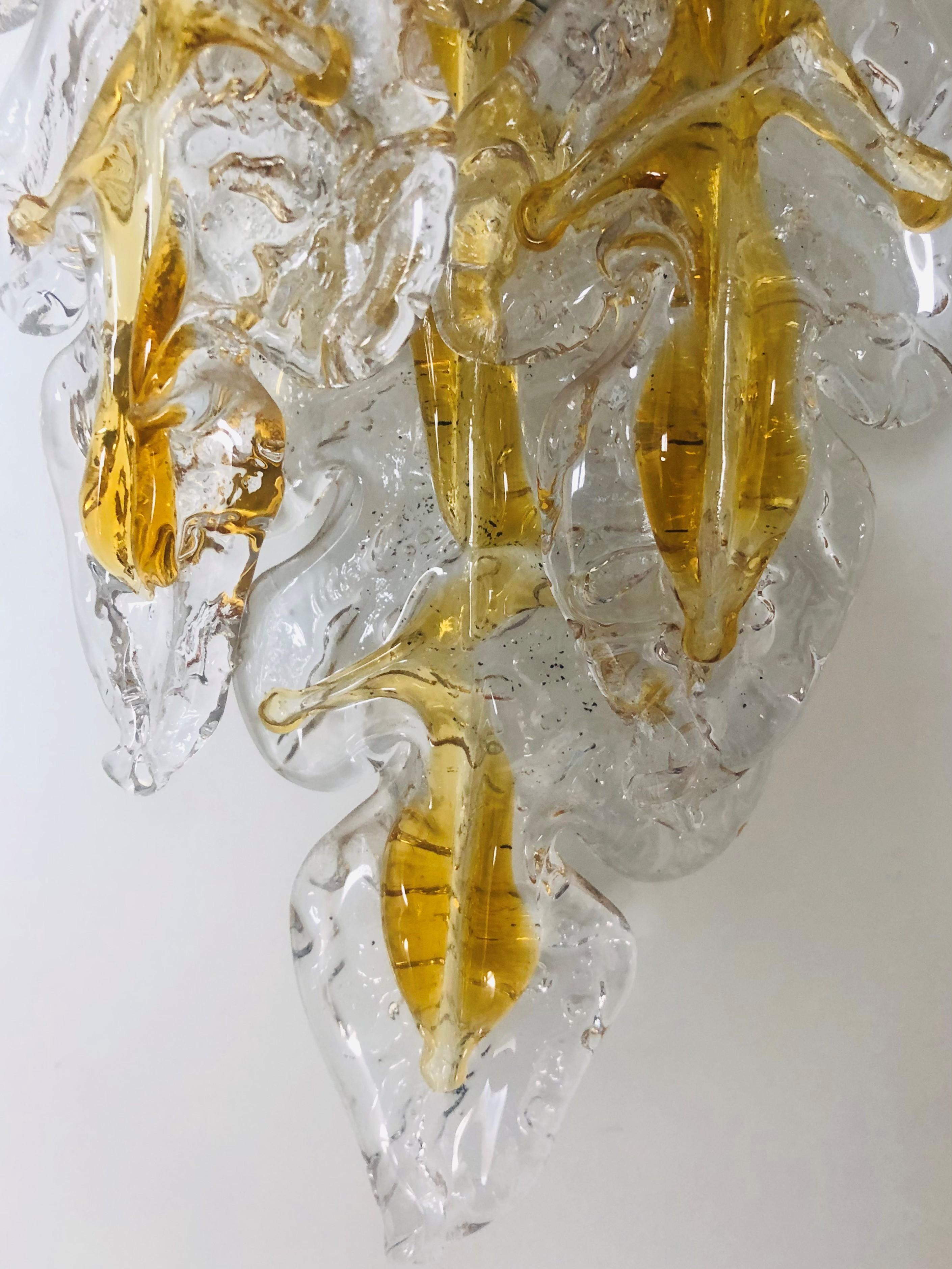 Italian Midcentury Pair of Murano Leaf Glass Wall Sconces by Mazzega, 1970s For Sale 2