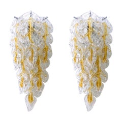 Italian Midcentury Pair of Murano Leaf Glass Wall Sconces by Mazzega, 1970s