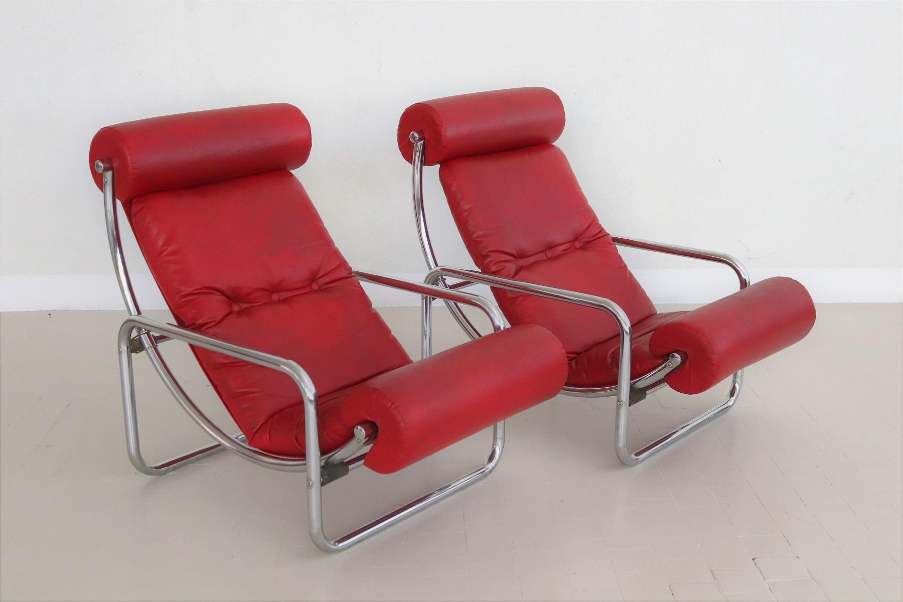 Italian Midcentury Pair Tubular Chrome and Leatherette Rocking Chair, 1960s In Good Condition In Morazzone, Varese