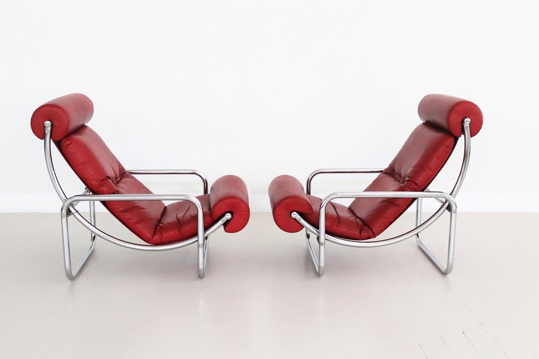 Faux Leather Italian Midcentury Pair Tubular Chrome and Leatherette Rocking Chair, 1960s