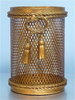 Italian Midcentury Paper Waste Basket Bin Gilt Perforated Metal Hans Kögl, 1950s