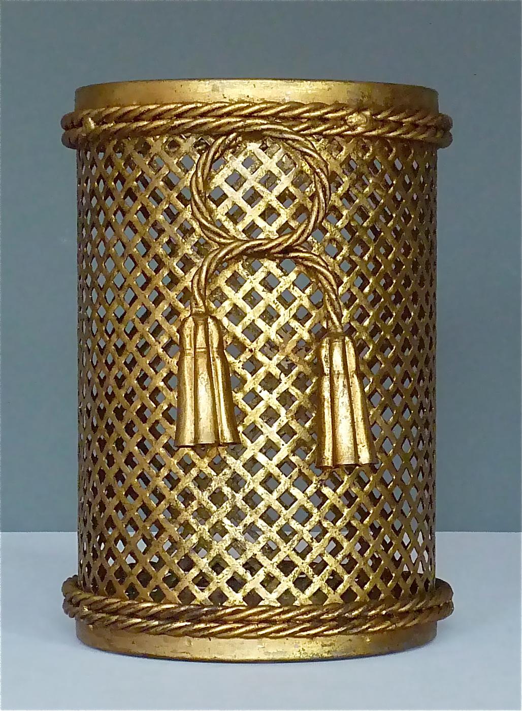 Italian Midcentury Paper Waste Basket Bin Gilt Woven Metal Hans Kögl Style 1950s 12