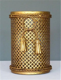 Italian Midcentury Paper Waste Basket Bin Gilt Woven Metal Hans Kögl Style 1950s