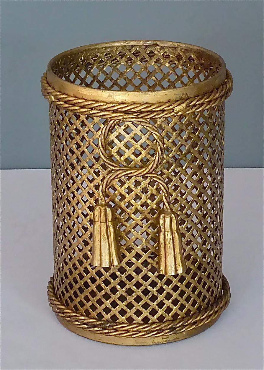 Mid-Century Modern Italian Midcentury Paper Waste Basket Bin Gilt Woven Metal Hans Kögl Style 1950s