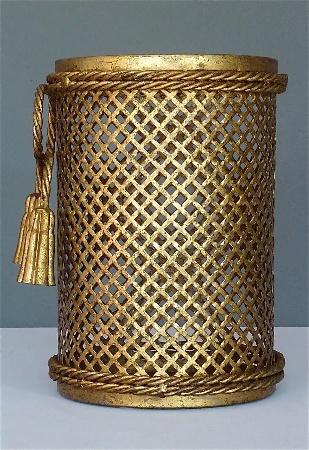 Mid-20th Century Italian Midcentury Paper Waste Basket Bin Gilt Woven Metal Hans Kögl Style 1950s