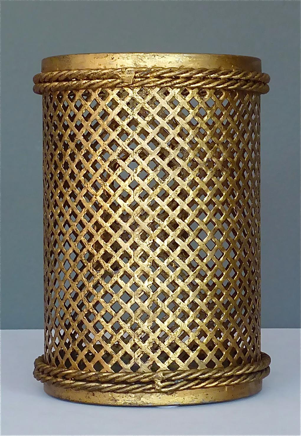 Italian Midcentury Paper Waste Basket Bin Gilt Woven Metal Hans Kögl Style 1950s 1