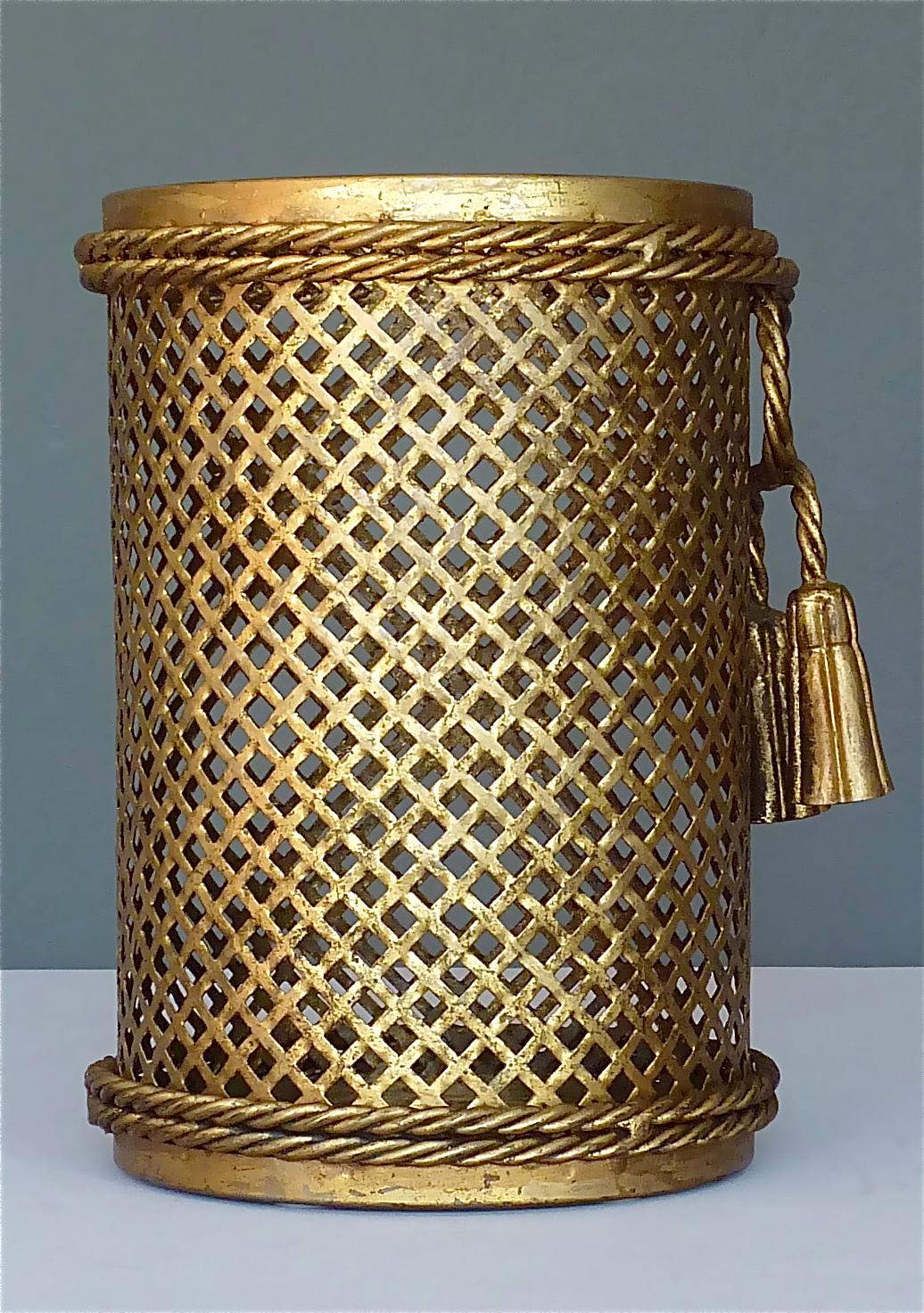 Italian Midcentury Paper Waste Basket Bin Gilt Woven Metal Hans Kögl Style 1950s 2