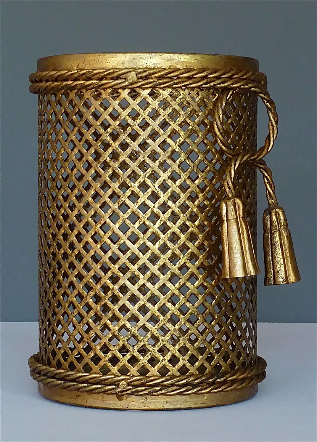 Italian Midcentury Paper Waste Basket Bin Gilt Woven Metal Hans Kögl Style 1950s 3