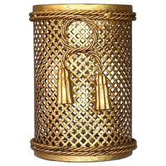 Retro Italian Midcentury Paper Waste Basket Bin Gilt Woven Metal Hans Kögl Style 1950s