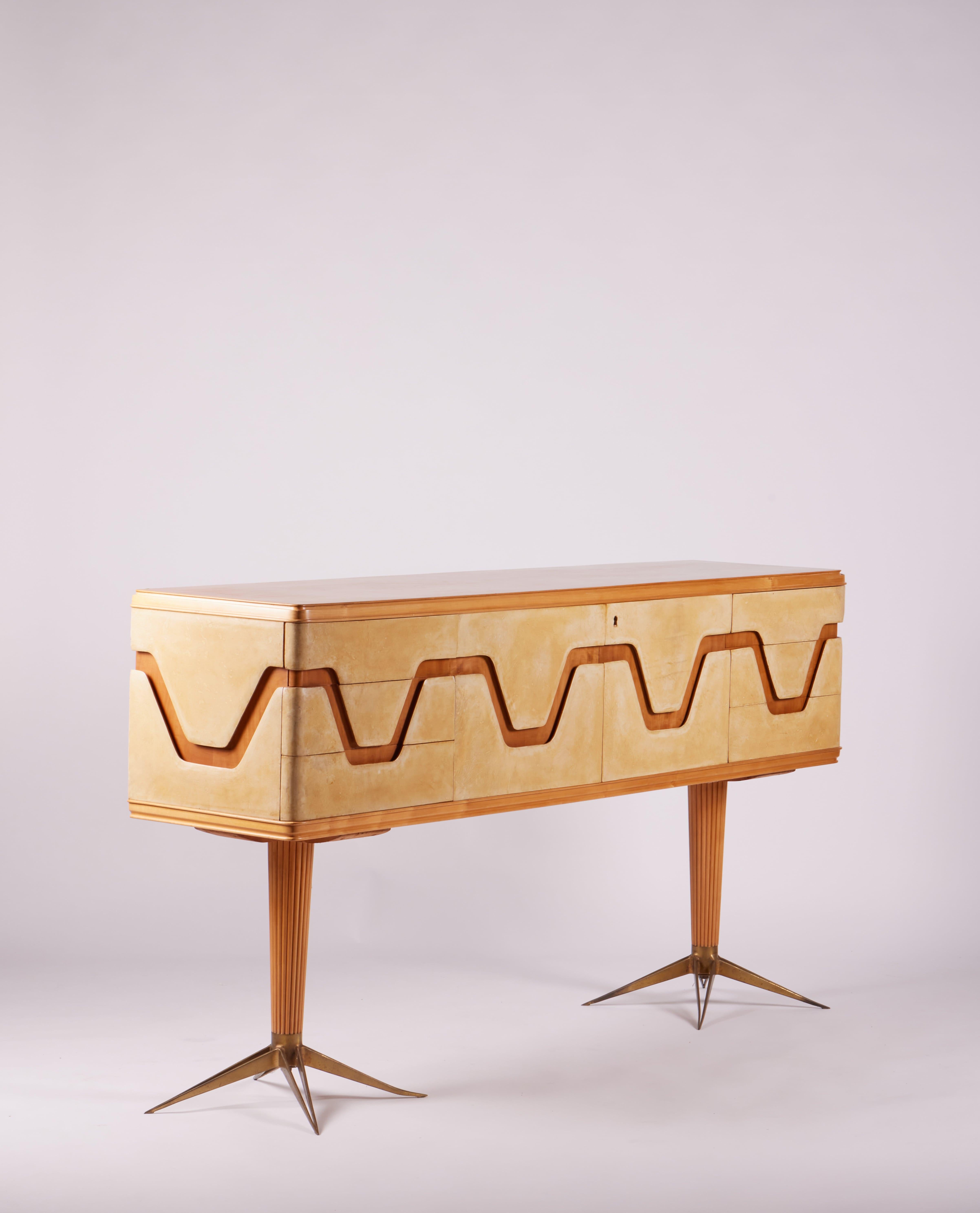 Italian Midcentury Parchment and Walnut Sideboard with Brass Legs, 1940s For Sale 3