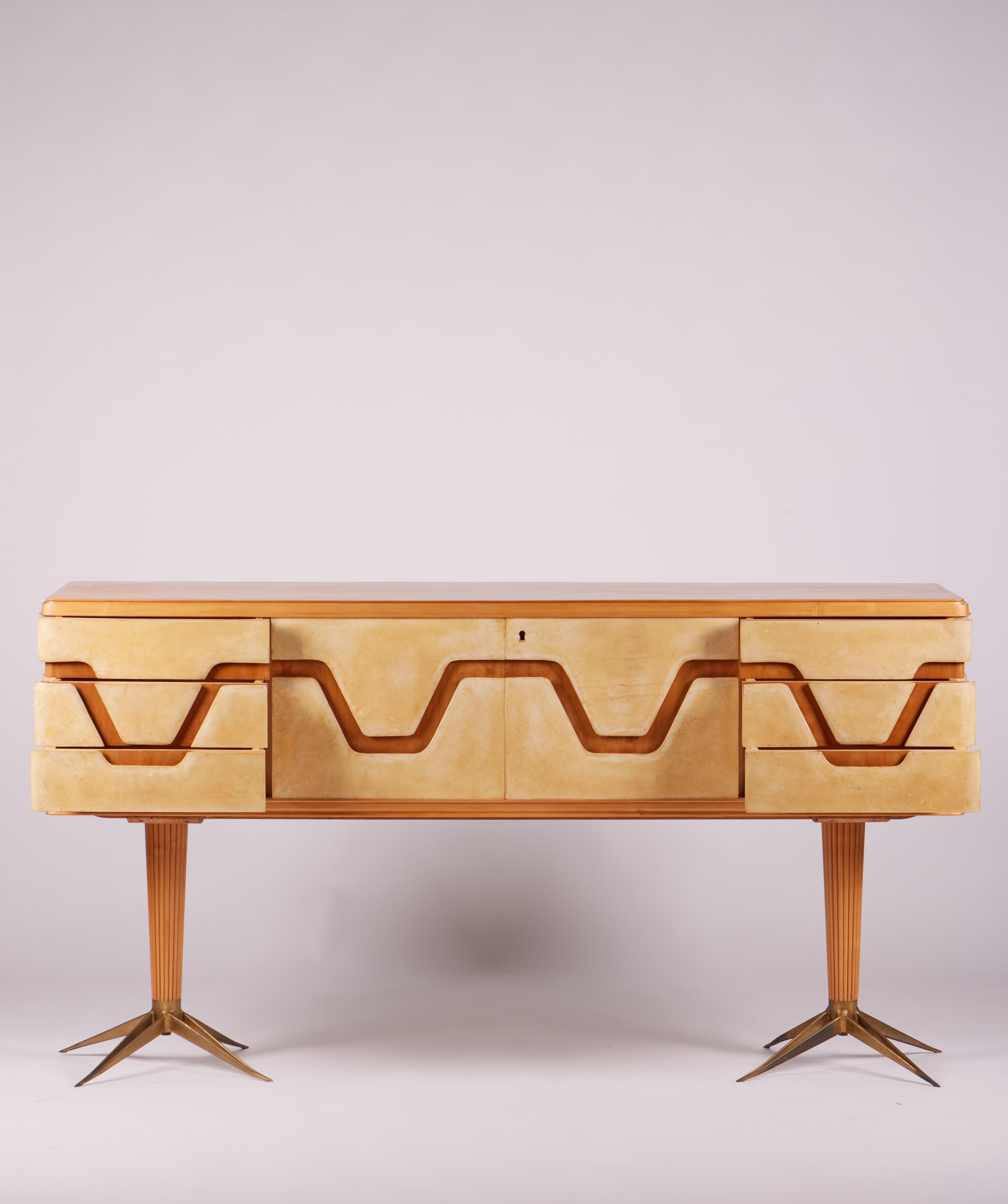 Italian Midcentury Parchment and Walnut Sideboard with Brass Legs, 1940s For Sale 4