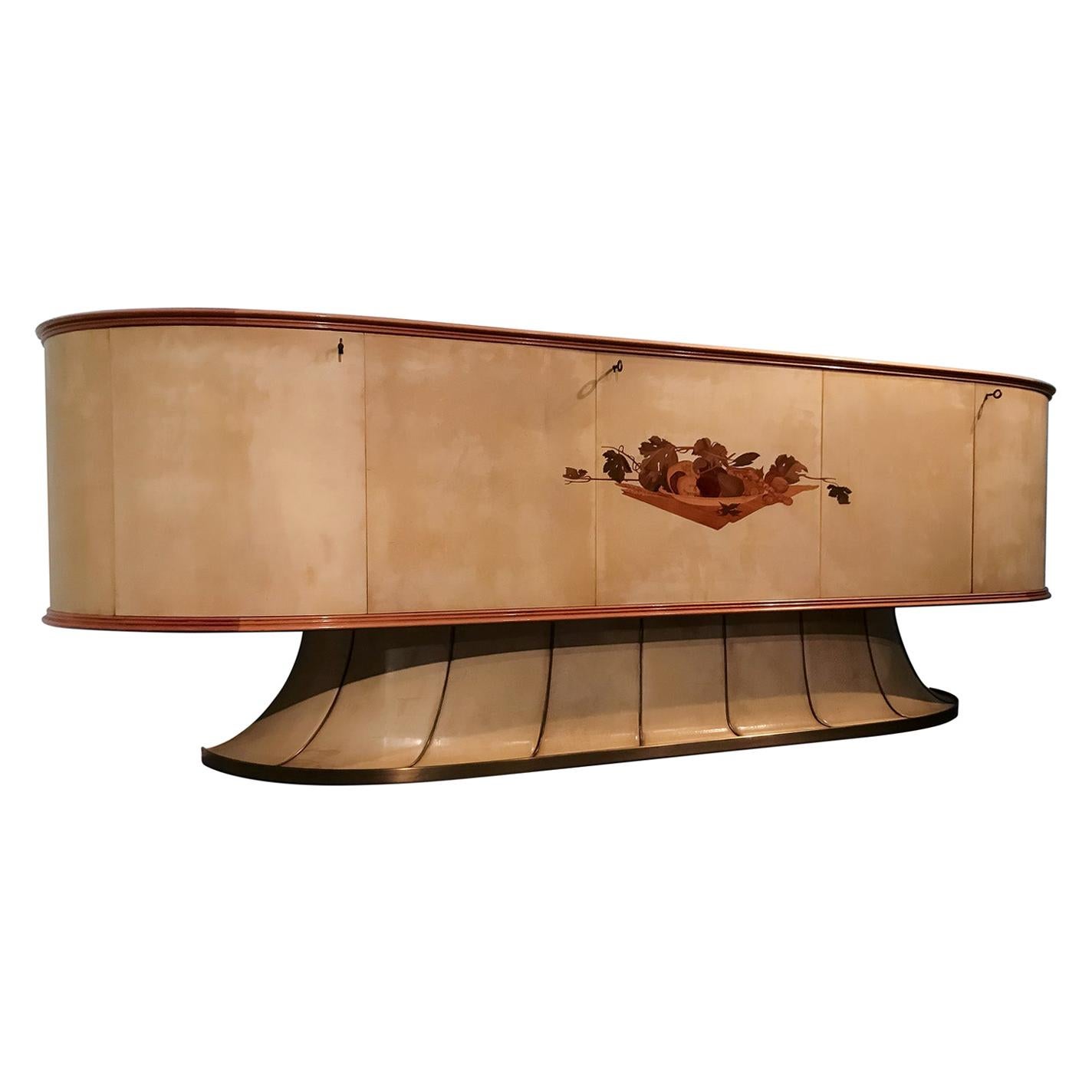 Italian Midcentury Parchment Sideboard with Inlay by Vittorio Dassi, 1950