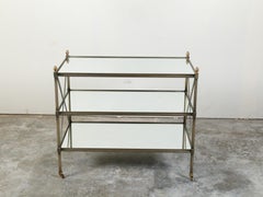 Italian Midcentury Patinated Metal Trolley with Mirrored Shelves and Casters