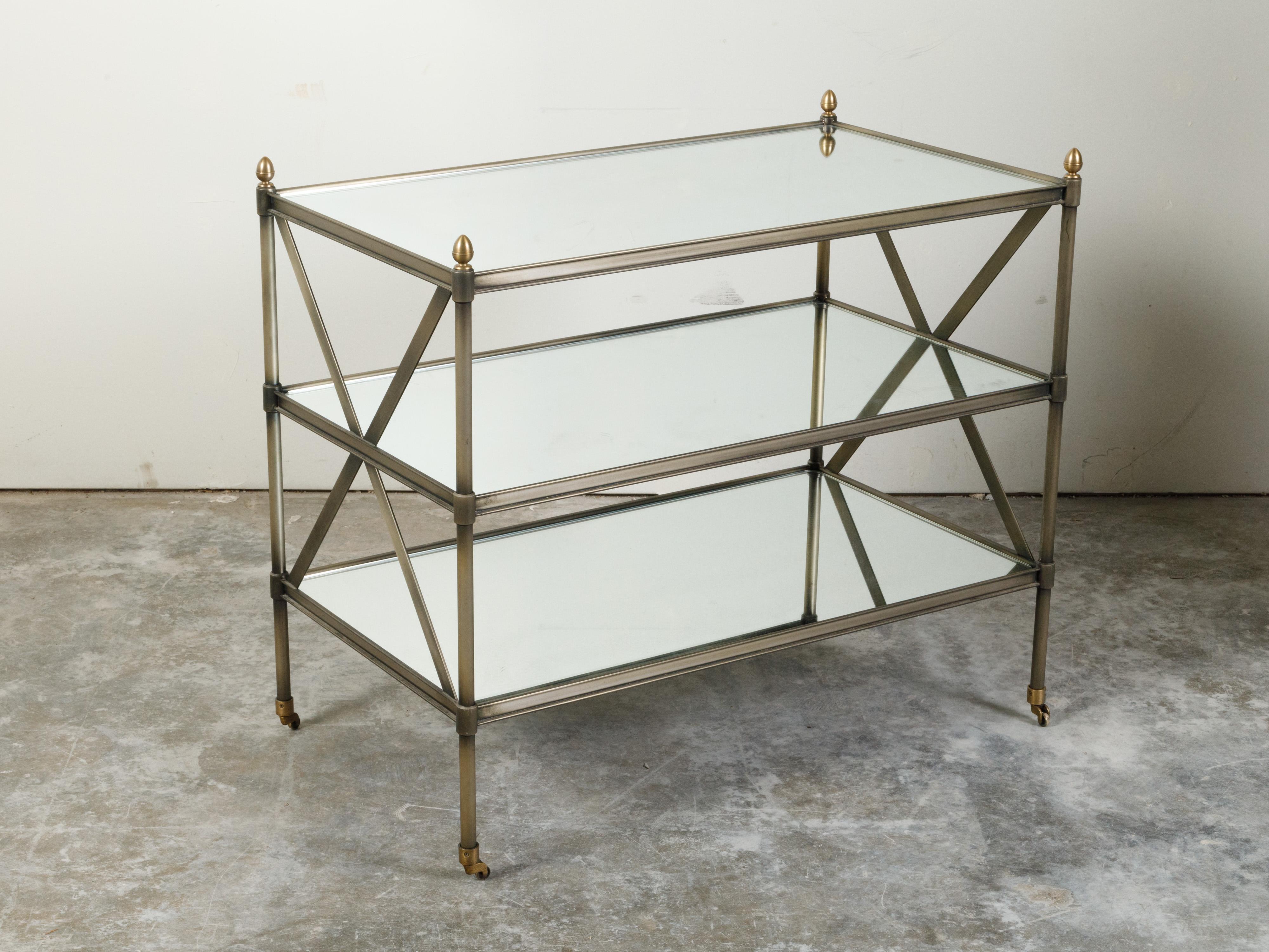 Mid-Century Modern Italian Midcentury Patinated Metal Trolley with Mirrored Shelves and Casters For Sale