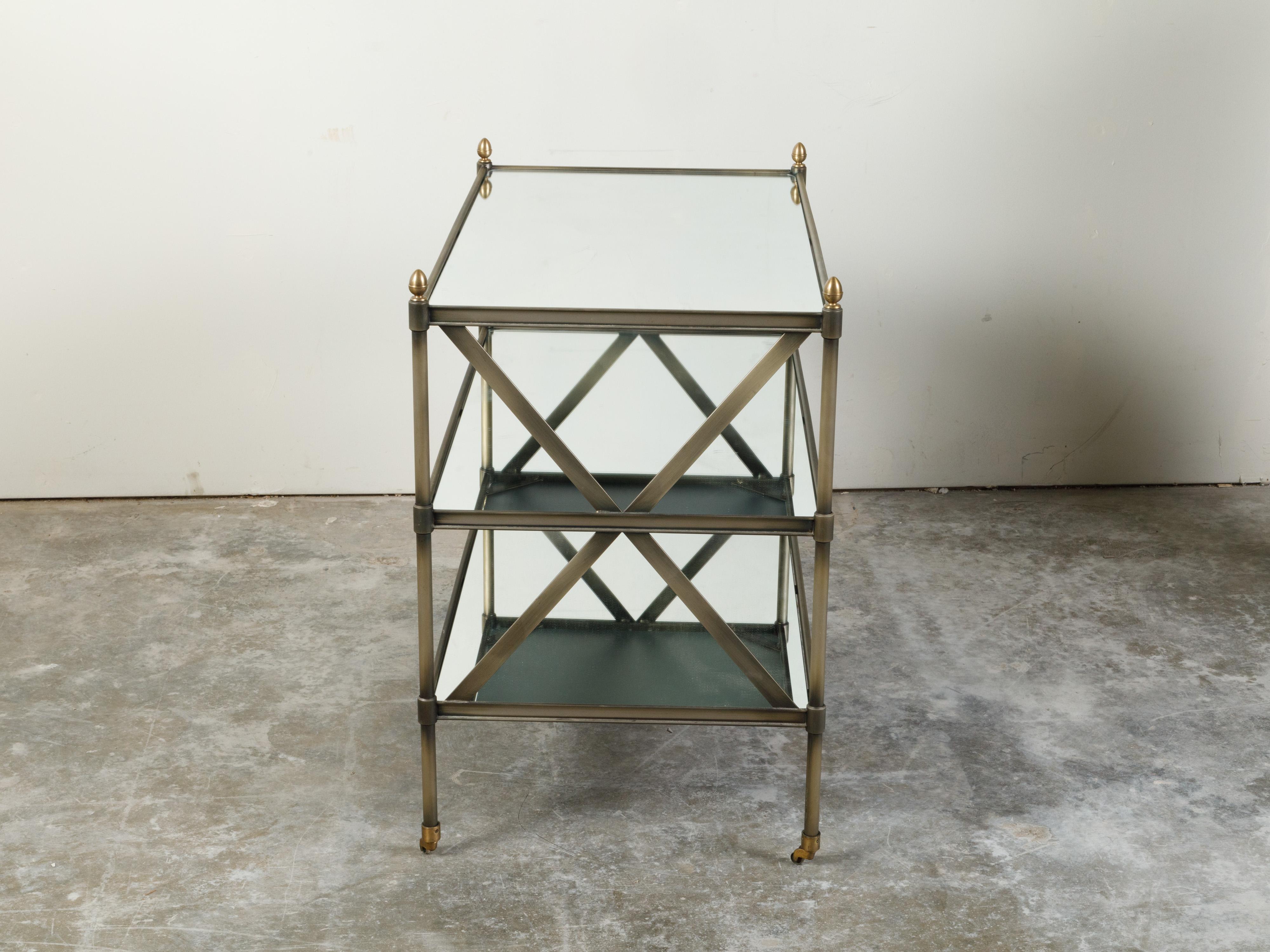 Italian Midcentury Patinated Metal Trolley with Mirrored Shelves and Casters In Good Condition For Sale In Atlanta, GA