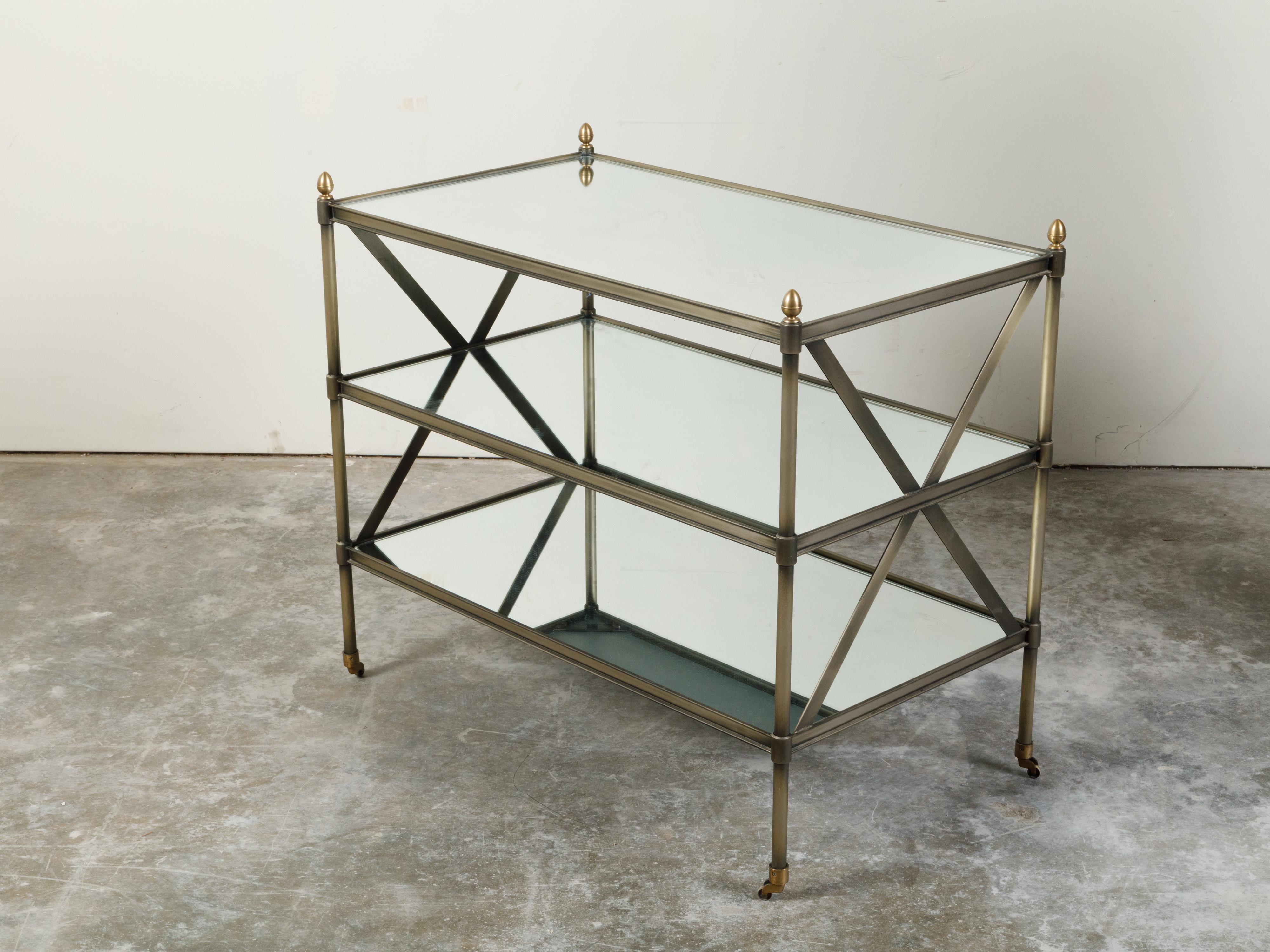 20th Century Italian Midcentury Patinated Metal Trolley with Mirrored Shelves and Casters For Sale